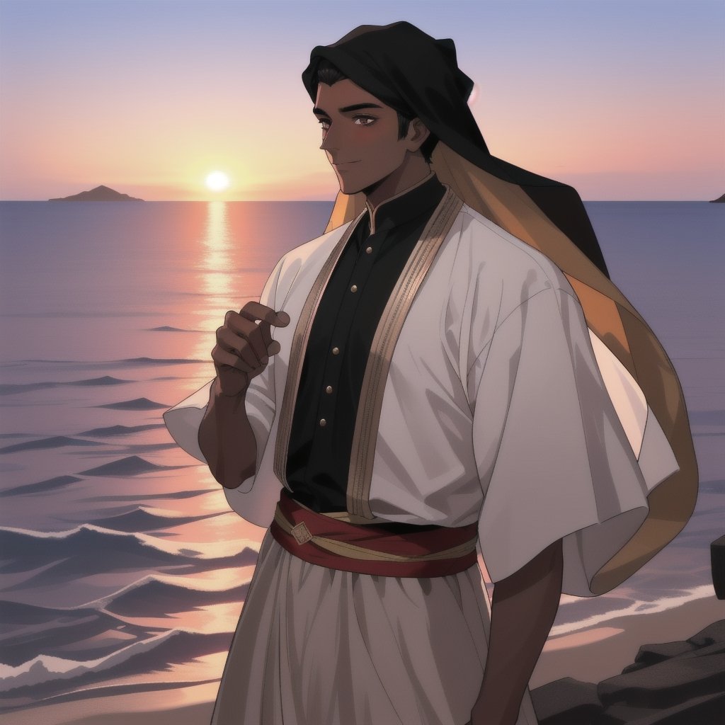 A dark-skinned Arabian man, dressed in attire reminiscent of the traditional clothing worn by the people of Yemen, radiates happiness as he gazes towards the sky during the sunset over the backdrop of the sea, witnessing the breathtaking view of the sunset. 8k resolution 