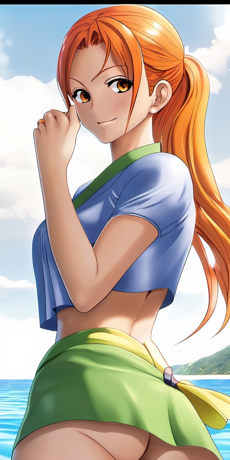 Nami character from anime One piece, ponytail, parted lips, blush, makeup, light smile, skirt,  no_clothes, nude, glow, thighs, collarbone, narrow waist, sunbeam, sunlight, rose, wind,(masterpiece), sweat,