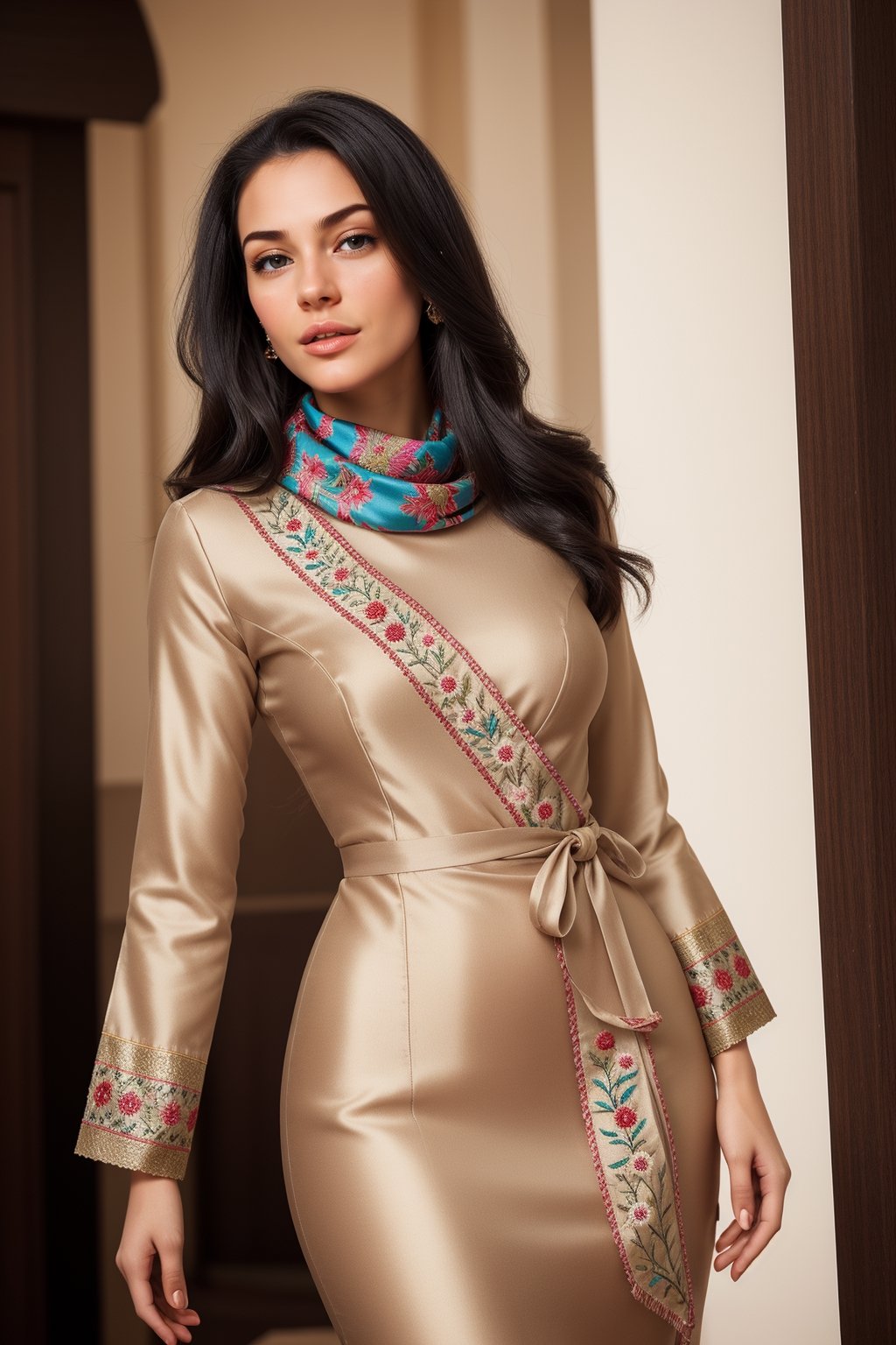 Beautiful brunette, very long curvy black hair, slim figure, petite, Arabic style, Embroidered and elegant Arabic silk clothes with bright colors, Embroidered scarf, photography, extreme pampering, attractive femininity, ultra detailed, looking-at-viewer, o-face, pleasure_face