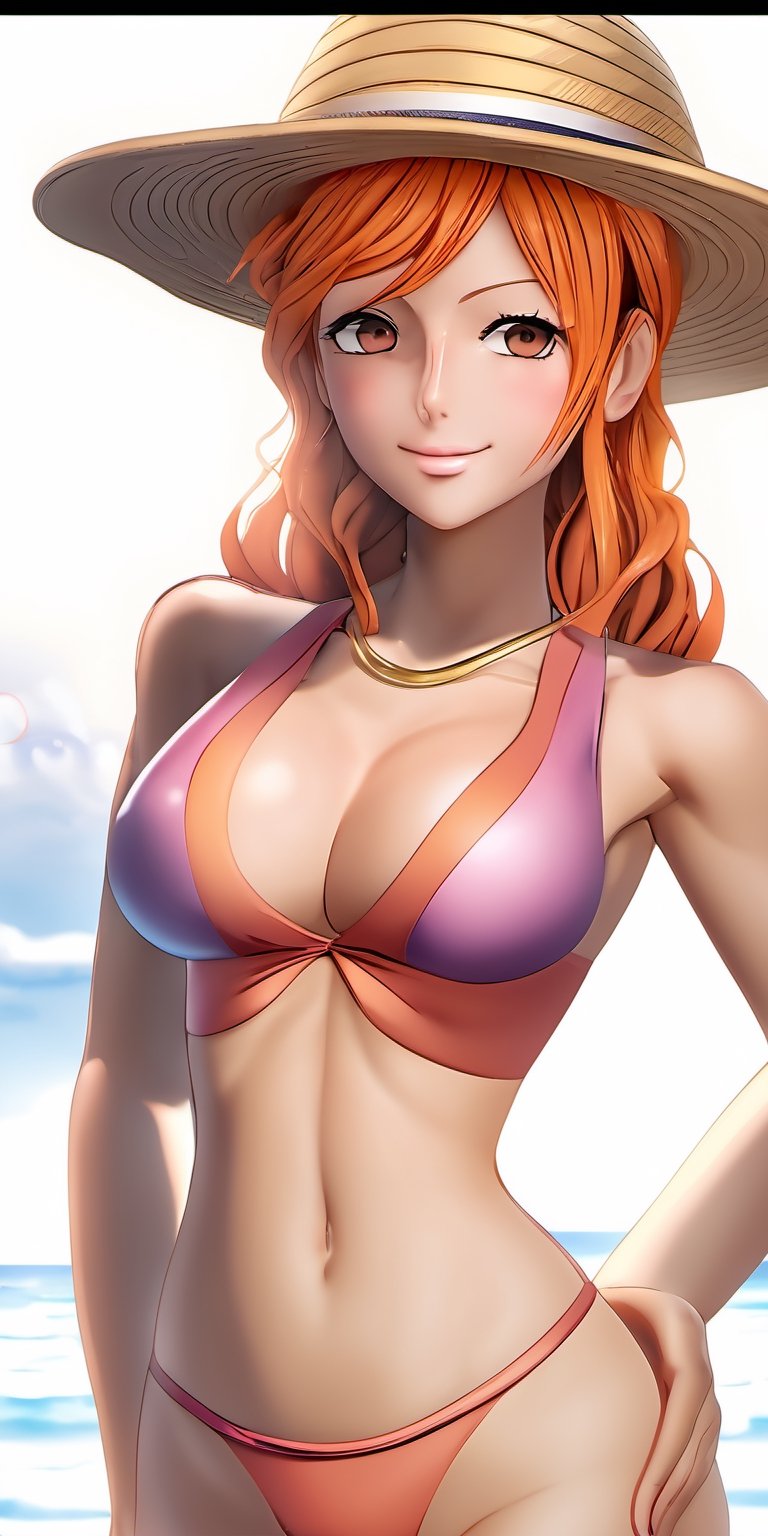 Nami character from anime One piece, parted lips, blush, makeup, light smile, no_clothes, nude, glow, thighs, collarbone, narrow waist, sunbeam, sunlight, rose, wind,(masterpiece), sweat,