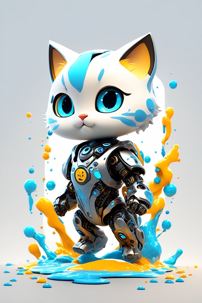 (masterpiece), (science fiction:1.4), high_res, 4k, ai robot cat maskot, (base colour white) (black) (light blue), face made from screen, cute, smile, (((tensor art logo on her chest))), tech lab background, intricate mech details, ground level shot, 8K resolution, Cinema 4D, Behance HD, polished metal, shiny, Unreal Engine 5, rendered in Blender, sci-fi, futuristic, trending on Artstation, epic, cinematic background, dramatic,(Paint contamination:1.6), ((Painting a work of art in front of the camera:1.5)),atmospheric,full_body portrait, movie still, action_pose, cyborg style, chibi, ,DonMCyb3rN3cr0XL ,dripping paint,Movie Still,tshirt design