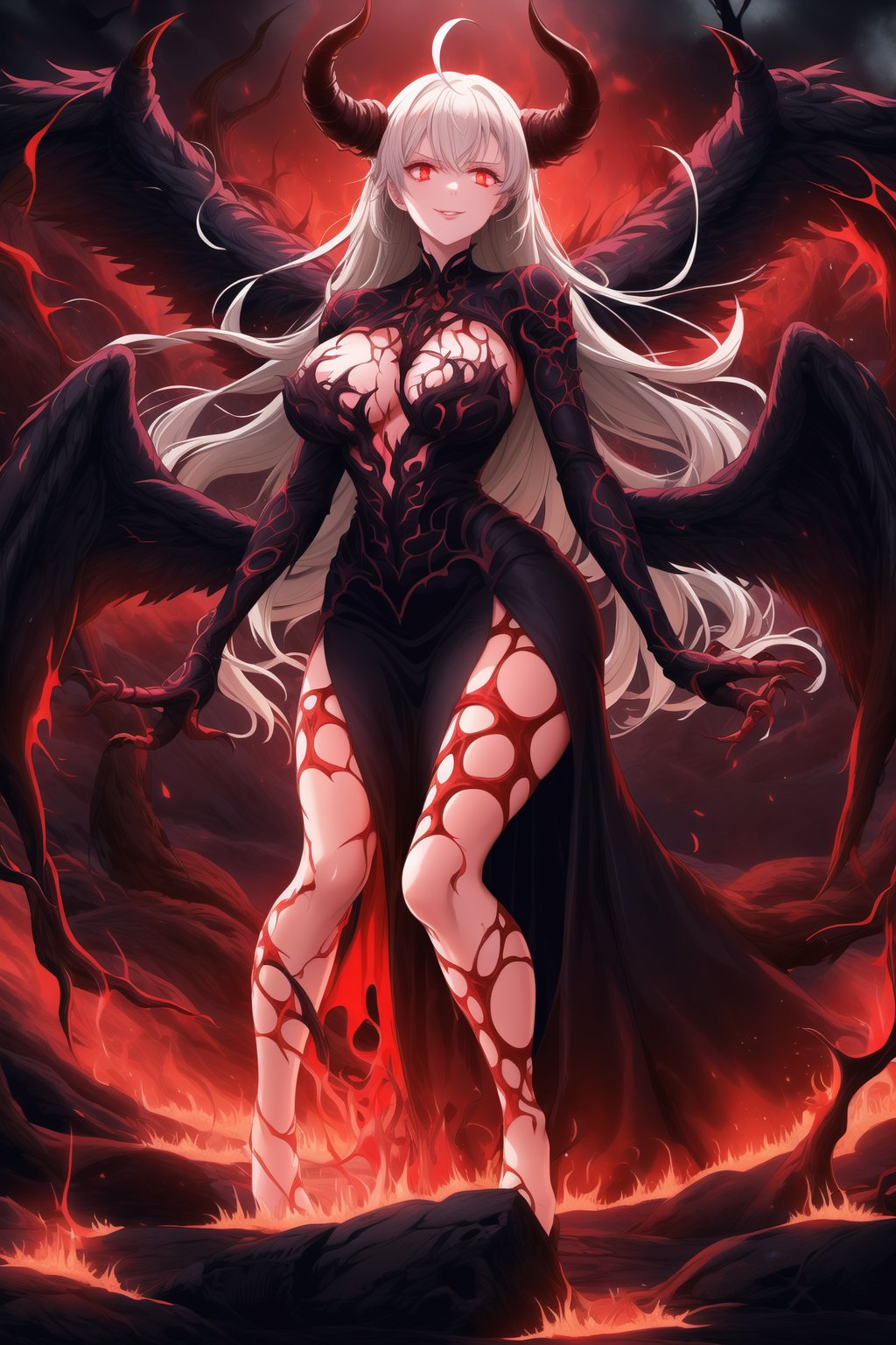 A masterpiece of dark fantasy: elizabeth, malevolent demon, lips curled into an evil smile, long flowing white hair cascading down her back like a fiery waterfall. Her delicate ahoge and intricate black gown billow softly as she floats amidst hell's fiery depths. Black wings spread wide behind her, emitting a darkness-infused light that adds to her ominous presence. Red eyes gleam with malevolent intent as she stands poised, arms outstretched in a violent welcome. Softly glowing fire illuminates her figure, while rays of dark light pierce the heavens above, casting an eerie glow on Rias' demonic form. The hellish landscape before her is bathed in red hues, as if infernal flames are breaking through to create this haunting atmosphere.