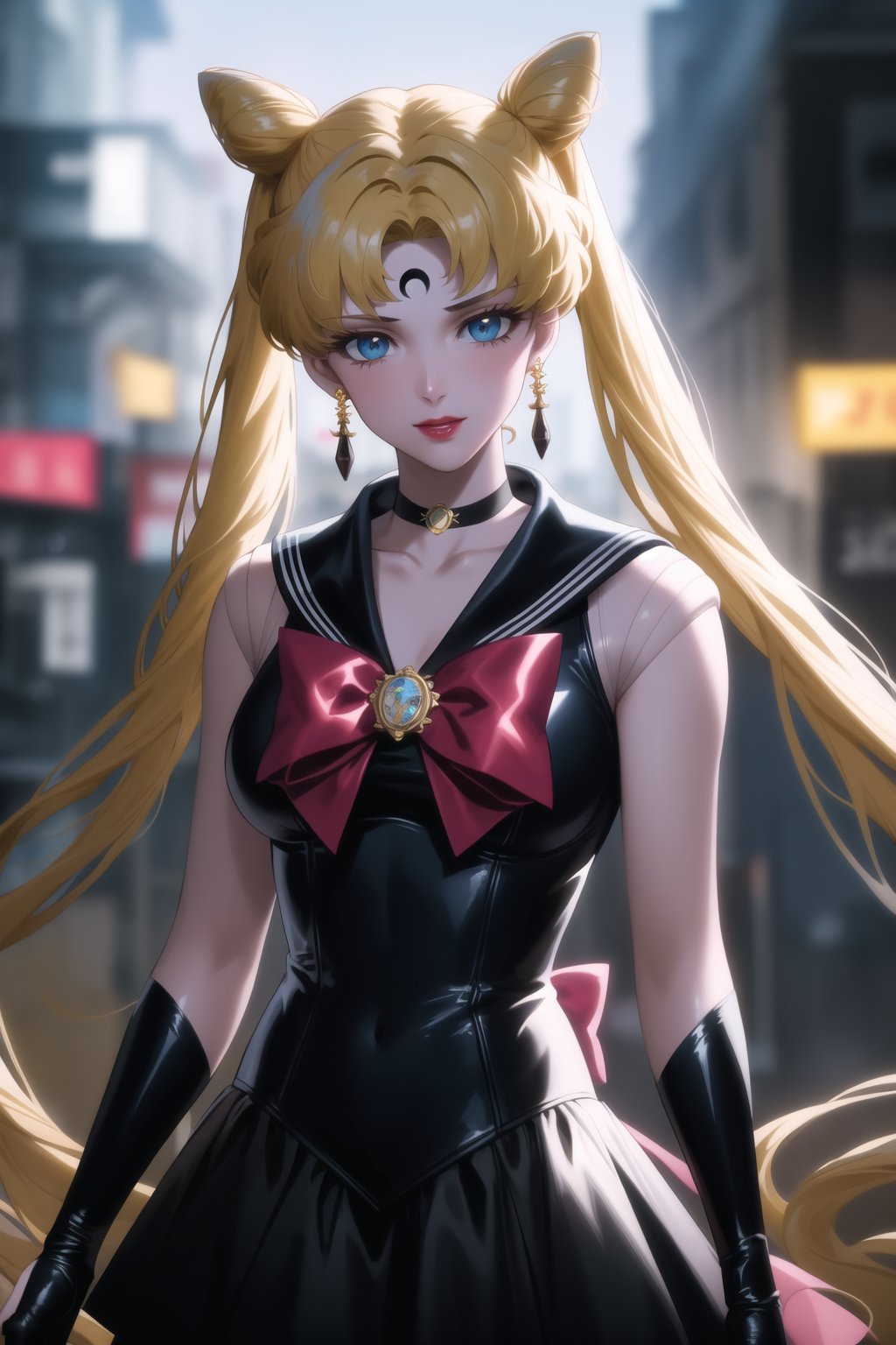 (best quality), (highly detailed), masterpiece, (official art),aausagi, double bun, twintails, parted bangs. blonde hair, makeup, forehead mark, crescent facial mark,  lipstick, black crystal earrings, aged up, sailor moon, black sailor, choker, red bow, black gloves, elbow gloves, blue skirt, latex, intricately detailed, hyperdetailed, blurry background, depth of field, best quality, masterpiece, intricate details, tonemapping, sharp focus, hyper detailed, trending on Artstation, 1 girl, high res, official art,