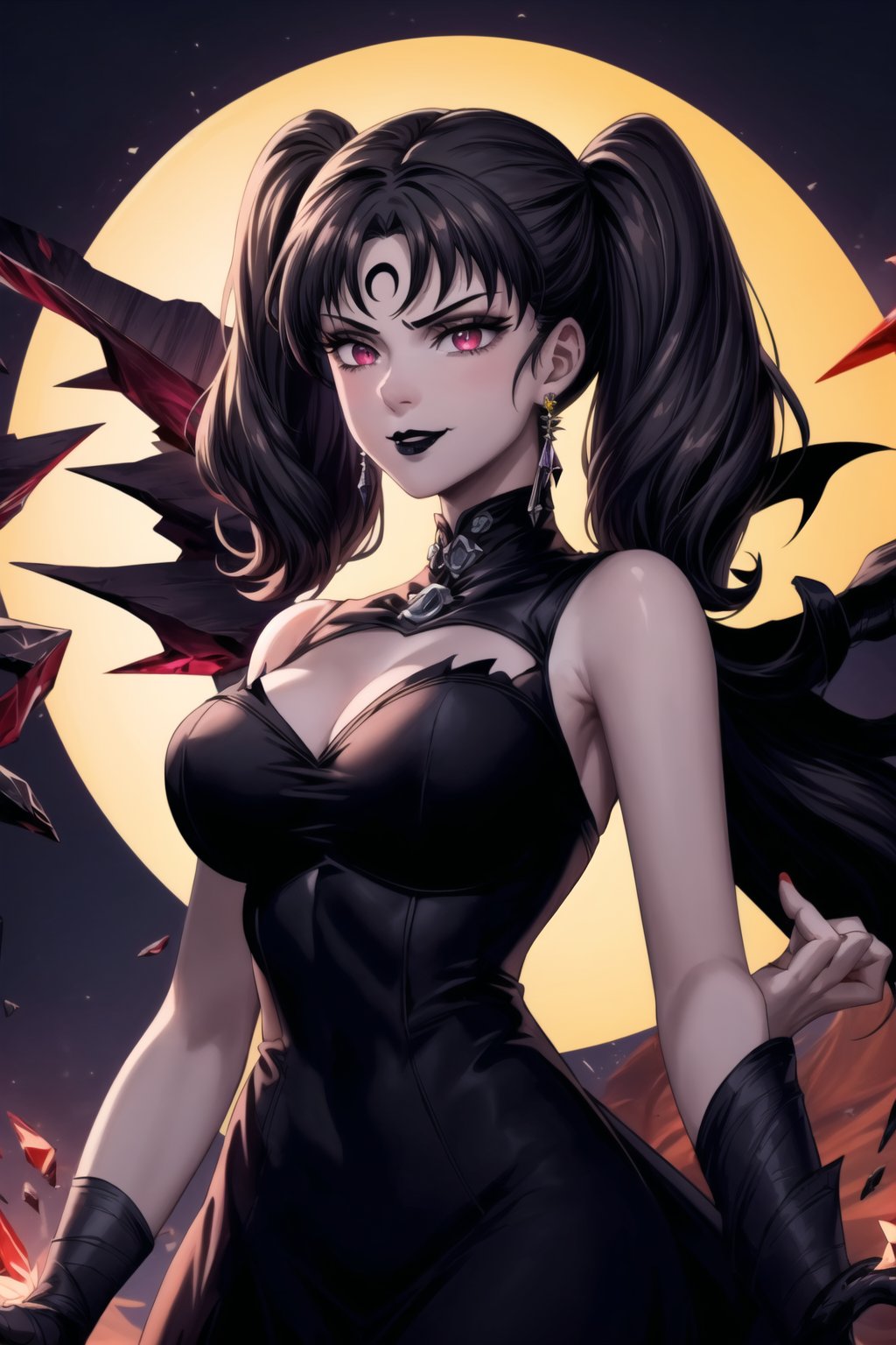 ((lips,black lips,lipstick,makeup)), ((crescent face mark, Crystal black earrings)),closed mouth,smile, Diane, twintails black hair,hair_scrunchie ,lips, ruler of hell, stands as a malevolent dictator, gradient from white to dark, framing her cold gaze. Her elaborate gown, adorned with sinister symbols and glowing red accents, reflects her dominance and cruelty. The background features a hellish landscape: rivers of lava, jagged rocks, tormented souls, and dark clouds with lightning. Eerie, red and black glows illuminate the scene, capturing the dark and oppressive atmosphere of her dominion.,