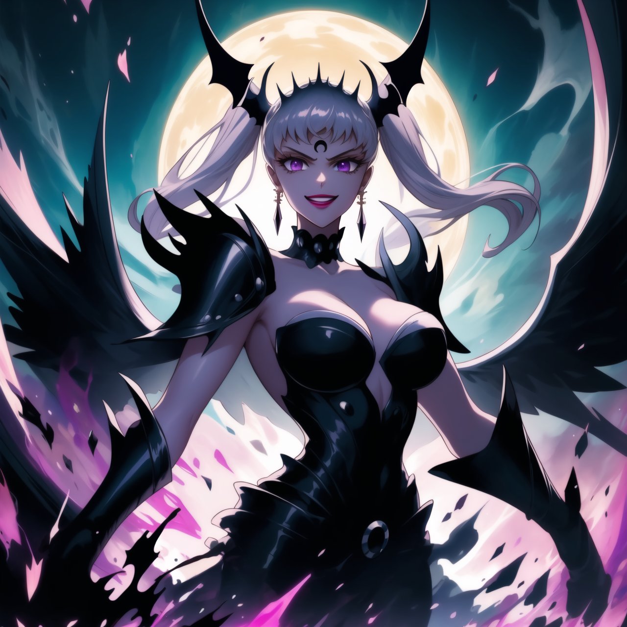 Here is a high-quality prompt for generating an image based on your input:

Noelle_Silva's Official Art Masterpiece: 'Dark Thunder' - Aged-up silver-haired heroine twintails and bangs flowing in darkness, purple eyes gleaming with malevolence. Confident pose, bold lipstick lips curved into wicked grin as she summons dark electricity to strike her enemy. Retro-inspired armor, gloves, and jewelry adorn her powerful physique, featuring black crystal earrings and choker. A crescent-shaped mark glows ominously on her forehead. In the background, a subtle black moon casts an eerie shadow. Noelle_Silva's Dark Thunder stands tall, holding a Dark Sword while charging energy attack, as dark wings spread wide.