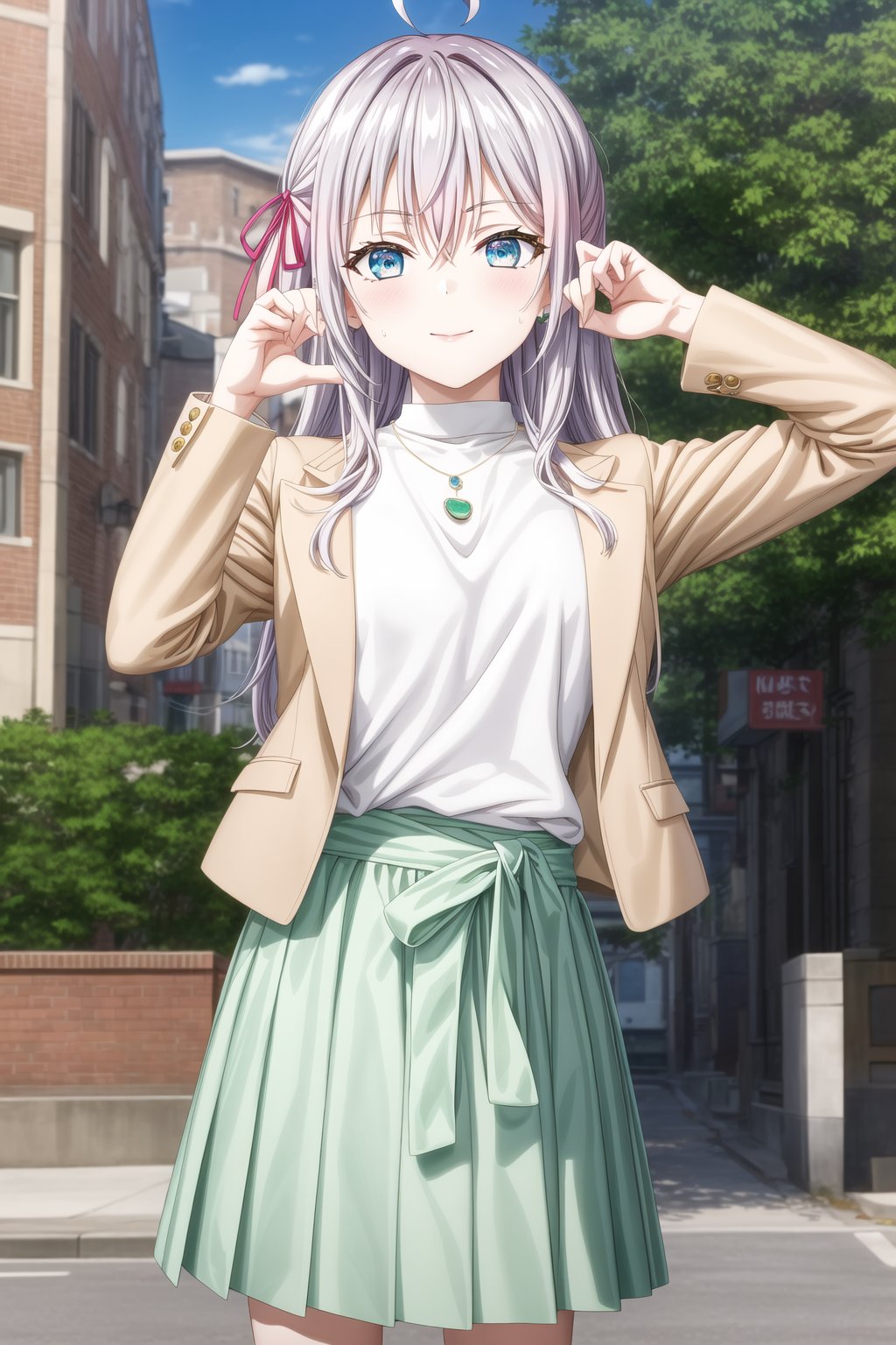  (best quality), (highly detailed), masterpiece, (official art), 1girl, solo, alya, long hair, grey hair, blue eyes, hair between eyes, hair ribbon, red ribbon, ahoge , smile, pose, jewelry, long sleeves, open clothes, necklace, bag, green skirt, brown jacket, handbag, sweatdrop, white sweater, open jacket, turtleneck, pendant, brown jacket, shopping