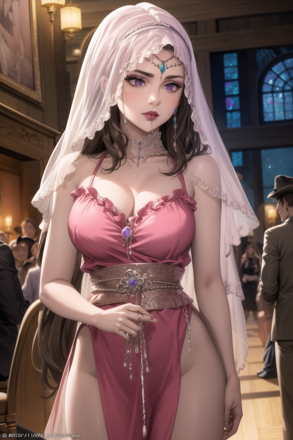 ((best quality)), ((highly detailed)), masterpiece, ((official art)), detailed face, beautiful face, (detailed eyes, deep eyes), seductive posing, (cowboy shot),diane, long hair, brown hair, purple eyes, empty eyes:1.2,, v3il, face veil, (forehead jewel opal), crystal head veil, (cowboy shot), eyeliner, eyeshadow, makeup, purple lips [brown hair] hair ,ethereal nightgown, (sash), (cowboy shot), grand hall, . shallow depth of field, vignette, highly detailed, high budget, bokeh, cinemascope, moody, epic, gorgeous, film grain, grainy