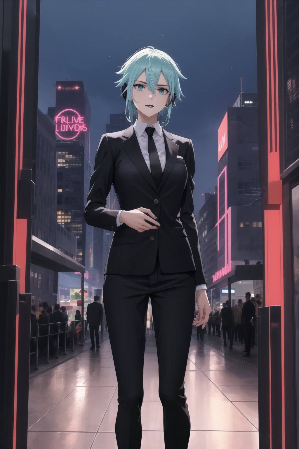 (best quality), (highly detailed), masterpiece, (official art),  Sinon, black lips, wearing a sleek black suit, earpiece in one ear, standing guard at the entrance of a high-tech skyscraper. The surrounding area is illuminated by neon lights, and her stern gaze scans the crowd for any signs of trouble. The night sky is filled with flying cars, and the city skyline is visible in the background, with a mix of modern architecture and holographic advertisements., ,hd quality, perfect face ,realistic, realistic body , perfect face sync,,b1mb0, 