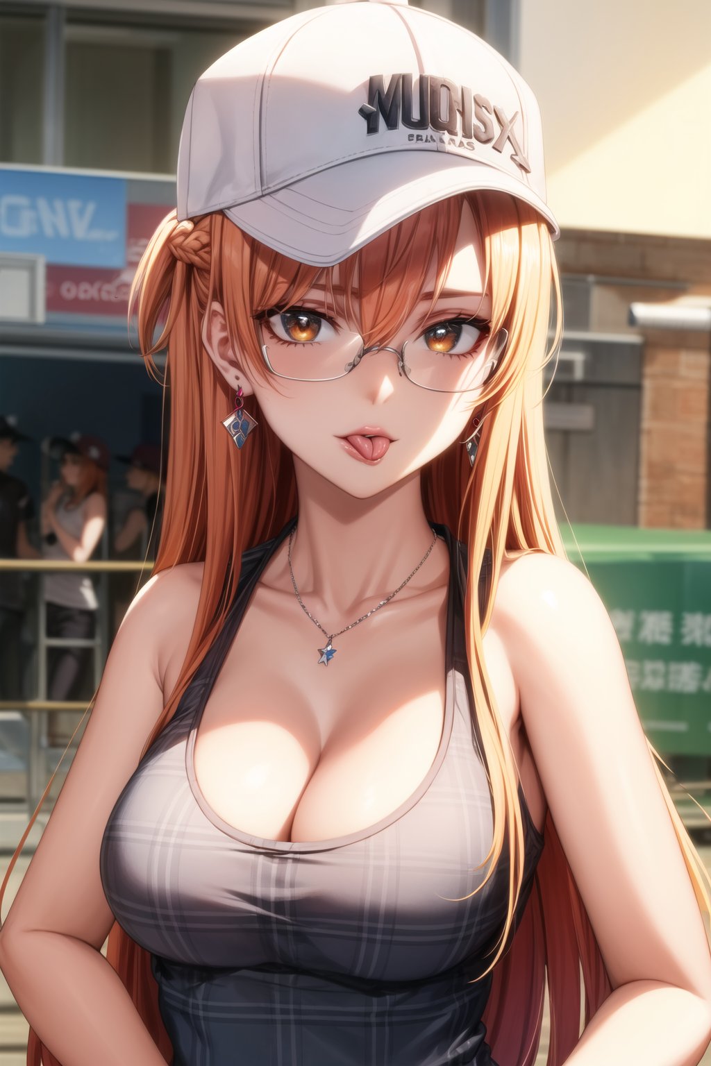 ((best quality)), ((highly detailed)), masterpiece, ((official art)), detailed face, beautiful face, (detailed eyes, deep eyes), seductive posing, (cowboy shot),asuna yuuki, long hair, brown eyes, orange hair, red hair, purple lips:1.2, 1girl, blonde hair, multicolored hair, bangs, one side up, long hair,   jewelry, earrings, medium breasts, plaid, white headwear, sunglasses, tank top, baseball cap, black tank top, looking over eyewear, open plaid shirt , hat, cleavage, jewelry, collarbone, upper body, tongue, tongue out, necklace