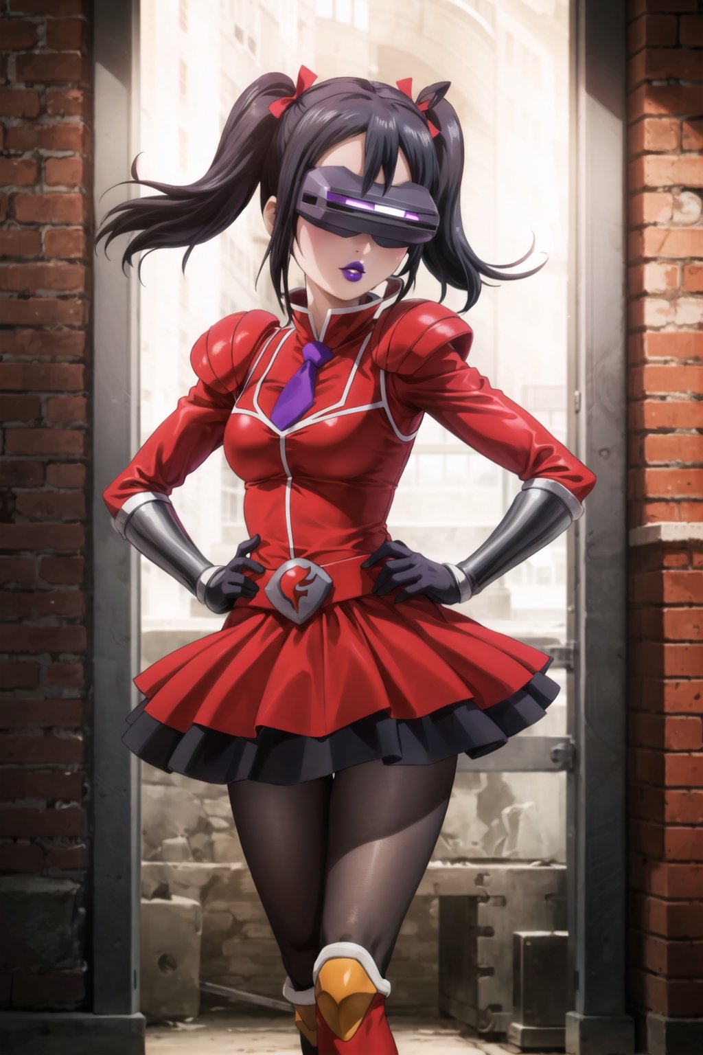 (best quality), (highly detailed), masterpiece, (official art),niko yazawa,black hair, twintails, hair ribbon, mature_female, 1girl, solo, ((head-mounted display)), ((purple lips:1.2)), (team flare:1.2),  gloves,((armor, juliet_sleeves:1.2)), long_sleeves , pleated skirt,  necktie, purple dress, belt, purple dress, (pantyhose, purple footwear1.2), (lips:1.2), ((arms at sides)),, cowboy shot, looking at viewer, indoors, blurry background,depth of field, best quality, masterpiece, intricate details, tonemapping, sharp focus, hyper detailed, trending on Artstation, hand on hip