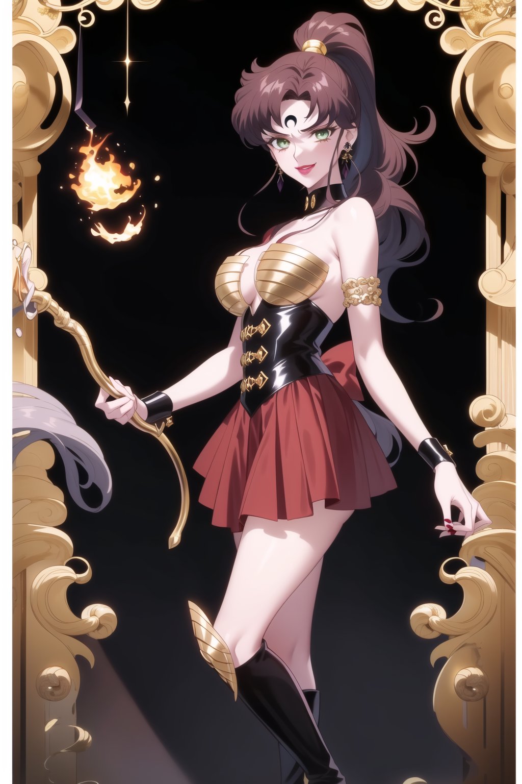 (best quality), (highly detailed), masterpiece, (official art), hmjupiter, green eyes, ponytail, brown hair, makeup, ((forehead mark, crescent facial mark, black crystal earrings)), aged up, evil smile, lips, lipstick, posing, anime coloring, ((Brunette Wig, Gold Bow, Black Crystal Earrings, Black Marker for Crescent, Gold Bustier, Gold Wrist Cuffs, Red Pleated Skirt, Gold Boots, Whip)), , A dark and mysterious female character inspired by the style of classic anime. She has an evil face with an evil smile, giving her an imposing and intimidating presence. The overall atmosphere is dark and mysterious, with a sense of power and control emanating from her posture.