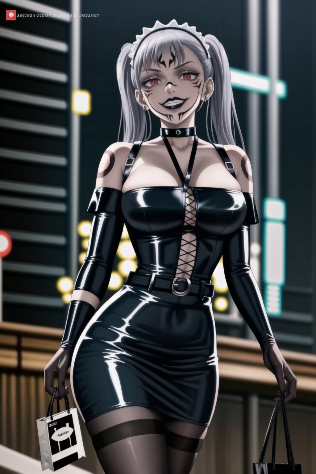 ((best quality)),  ((highly detailed)),  masterpiece, (Black lips:1.4),  ((official art)),  detailed face,  beautiful face, narrow_waist:1.3, dominatrix:1.3,puffy_short_sleeves, (sukunatattoo:1.3, maid:1.4) , (intricate black dress:1.4),top tube,  navel, midriff, (pubic tattoo:1.3), (detailed eyes,  deep eyes),(science fiction, cyberpunk:1.3, street, shopping, dark background),((smirk, grin, naughty face, seductive smile, smug)) ,,(lips), ((noelle_silva, silver hair,twintails, bangs, earrings, jewelry)) ,(red eyes:1.3),  cross-laced clothes:1.3, (spiked bracelet), corset:1.4, hoop earring, curvaceous, voluptuous body, (makeup) (lips:1.3), (latex),  (black tube top:1.2), gloves, elbow gloves, skirt, black choker, belt, pencil skirt, pantyhose, miniskirt, (black skirt), black gloves, black legwear, black choker ,large breasts, (intricately detailed, hyperdetailed), blurry background, depth of field, best quality, masterpiece, intricate details, tonemapping, sharp focus, hyper detailed, trending on Artstation, 1 girl, solo, high res, official art,RockOfSuccubus,,StandingAtAttention,,<lora:659111690174031528:1.0>