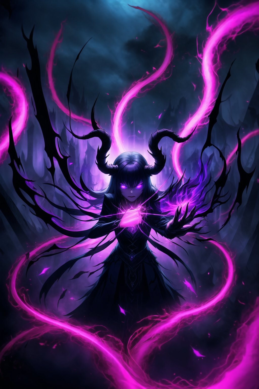 "Dark Sorceress gwentennyson Forbidden Power":
gwentennyson, long red hair, now twisted by dark magic, stands menacingly in her corrupted form. Her once-vibrant violet mage attire has transformed into a shadowy, tattered robe, pulsating with forbidden runes and dark flames. Her eyes glow with an ominous purple hue, and her expression is one of cruel dominance. In one hand, she clutches a cursed, blackened grimoire with glowing violet symbols that pulse with dark energy. Her other hand conjures an ominous ball of dark magic, swirling with shadowy tendrils and streaks of purple lightning.
The background is a dark, shattered void, filled with jagged cracks that leak sinister energy. Magic circles of forbidden glyphs spin around her, their deep purples and blacks contrasting against the darkened backdrop. Glistening, arcane chains twist and writhe in the air, like serpents of shadow, while forbidden runes and sigils shimmer in the darkness. Faint whispers of tortured souls emanate from the chaotic magical storm surrounding her. Streaks of corrupted purple flames and black smoke rise from the ground, engulfing the entire scene in a sense of forbidden power. Sharp, electric effects and glowing dark orbs hover in the air, as Gwendolyn channels the full force of her dark sorcery. The entire image glows with an eerie, shadowy light, casting deep, high-contrast shadows, and creating a menacing, oppressive atmosphere.,