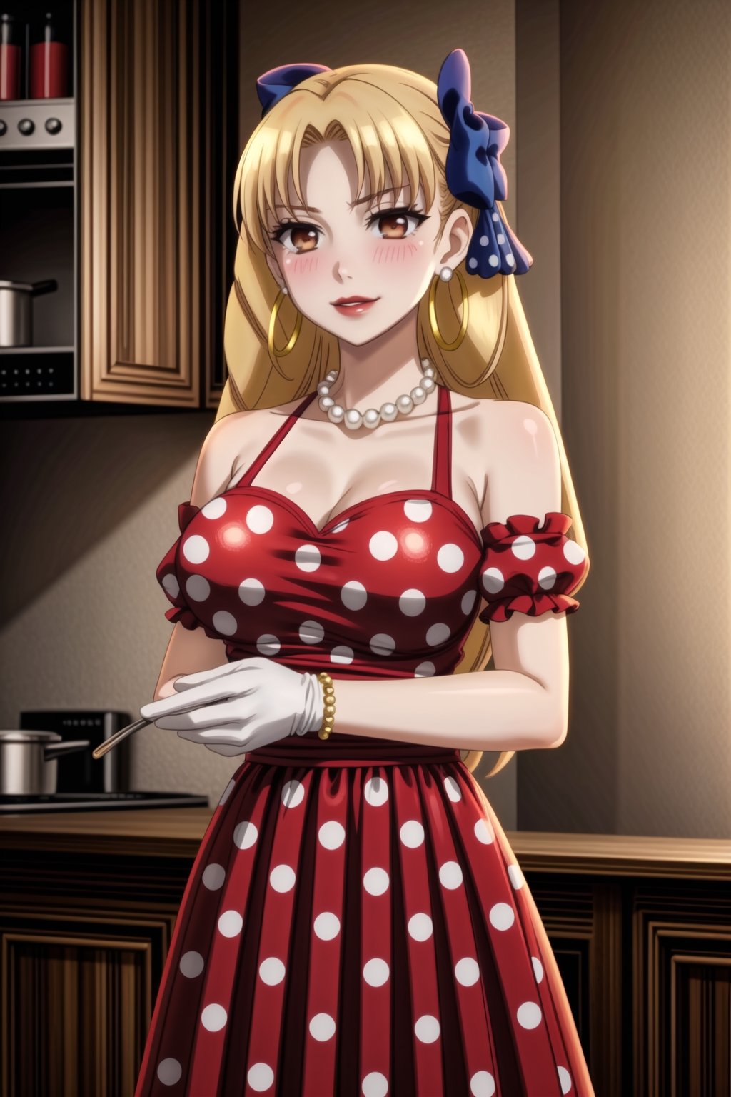 ((best quality)),  ((highly detailed)),  masterpiece,1girl, 1girl,  seductive smile, solo,   (Stepford),lips, makeup, lipstick,red lips, (pose),(polka dot:1.4), (polka dot dress:1.4),(pearl necklace:1.2), pearl bracelet, bare shoulders,(red dress:1.2),aroused, blush ,standing,  (large pearl necklace), (hoop earrings:1.2), looking at viewer, standing, cowboy shot, kitchen, cooking, indoors, house, windows, cortain, food,luviagelita edelfelt, hair bow, puffy sleeves, gloves, smug,<lora:659111690174031528:1.0>