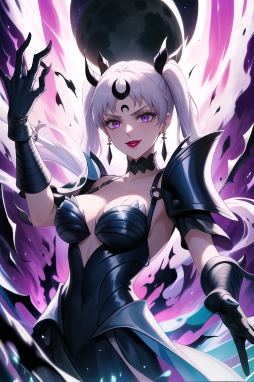 Here is a high-quality prompt for generating an image:

Official art masterpiece by noelle_silva,silver hair,twintails,bangs,purple eyes, Dark Thunder, aged up, poses confidently with silver hair flowing in the darkness. Her evil smile spreads across lips painted with bold lipstick, as she summons dark electricity to attack her foe. She wears retro-inspired armor, gloves, and jewelry, including black crystal earrings and a choker. A crescent-shaped facial mark glows ominously on her forehead. In the background, a subtle hint of a black moon casts an eerie shadow, further emphasizing her malevolent aura. Holdibg a Dark Staff while charge a energy attack,