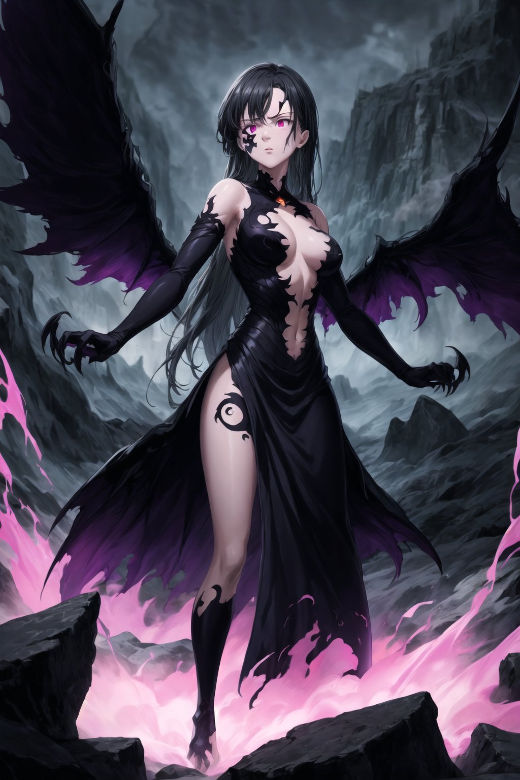 monochrome,greyscale,(tattoo,facial mark,aura,glowing,bodypaint,smoke,dark aura:1.2),1girl,long hair,medium breasts,black hair,angry,purple eyes,wings,claws,looking at viewer,nude,censored,armor,convenient censoring,Elizabeth, black hair, lips, ruler of hell, stands as a malevolent dictator, her long hair flowing like darkness itself, gradient from white to dark, framing her cold gaze. Her elaborate gown, adorned with sinister symbols and glowing red accents, reflects her dominance and cruelty. The background features a hellish landscape: rivers of lava, jagged rocks, tormented souls, and dark clouds with lightning. Eerie, red and black glows illuminate the scene, capturing the dark and oppressive atmosphere of her dominion.