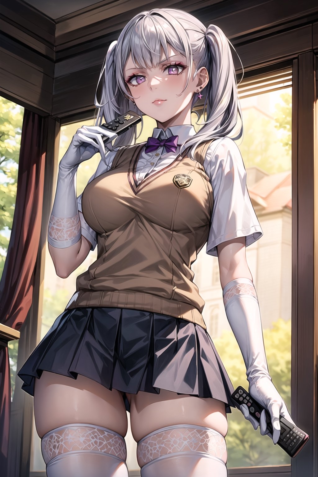 ((best quality)),  ((highly detailed)),  masterpiece,1girl, noelle_silva, silver hair,purple eyes, twintails, bangs, earrings, jewelry, ((remote_control, closed_mouth, sparkling_eyes, smug, shaded_face)),(large breasts), tokiwadai school uniform, sweater vest, short sleeves, ((white gloves, elbow gloves)), pleated skirt, white thighhighs ,1girl, lips:1.2, makeup:1.2, ((gyaru)) , looking at viewer, standing, cowboy shot, school, 