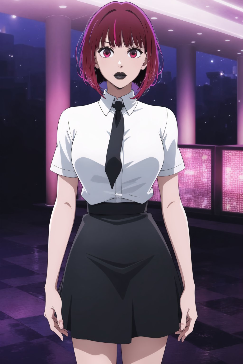 (best quality), (highly detailed), masterpiece, (official art), aakana, short hair,  red eyes, , solo,  lips:1.2, black lips:1.4, lipstick:1.2, skirt, black neckktie, latex:1.2, pencil_skirt, shirt, standing, looking at viewer, white shirt, breasts, black skirt, looking at viewer, (/nightclub scene, neon lights), , club, (nigth club), ,hd quality, perfect face ,realistic, realistic body , perfect face sync,night club,StandingAtAttention,marinette,night club,b1mb0, 