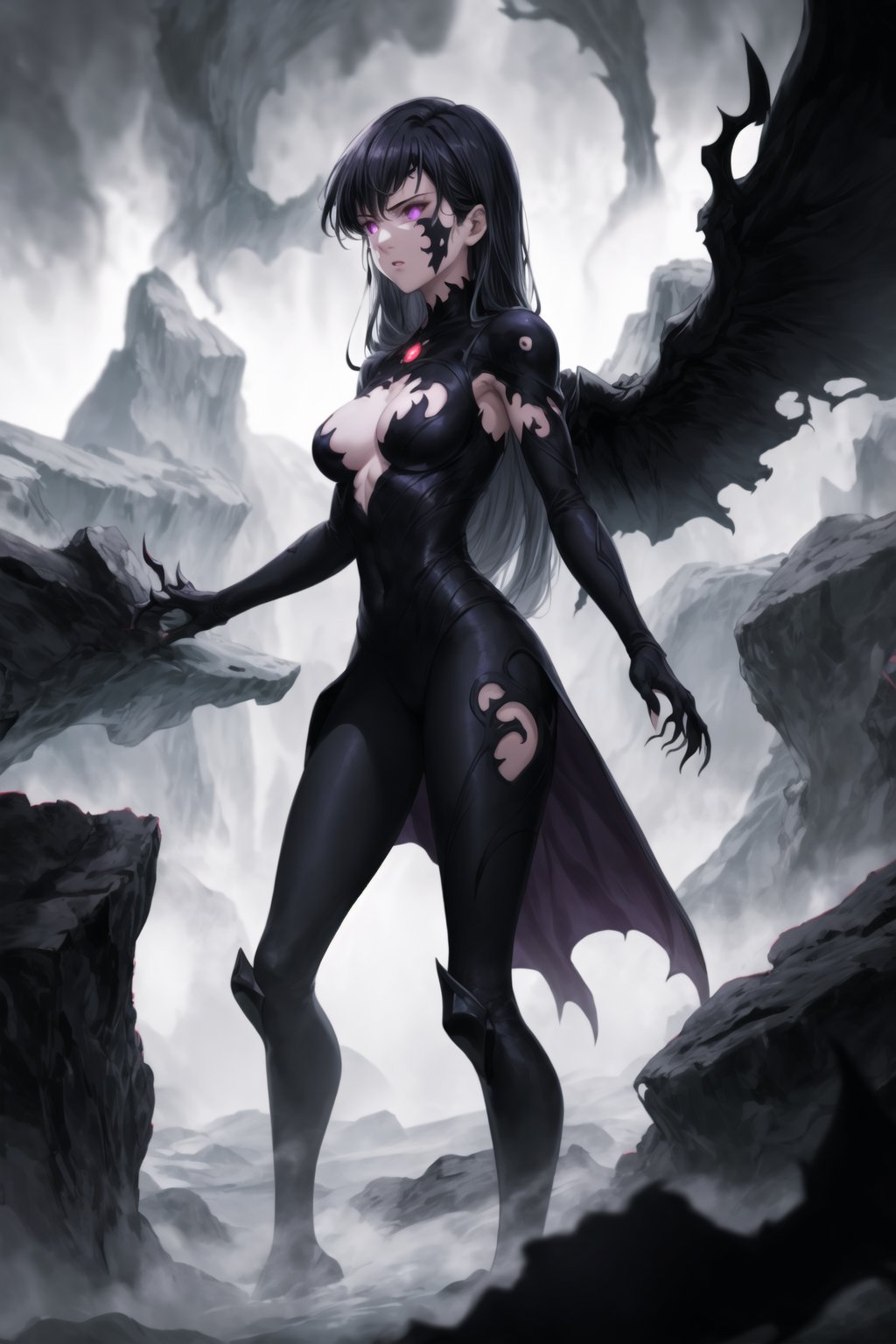 monochrome,greyscale,(tattoo,facial mark,aura,glowing,bodypaint,smoke,dark aura:1.2),1girl,long hair,medium breasts,black hair,angry,purple eyes,wings,claws,looking at viewer,nude,censored,armor,convenient censoring,Elizabeth, black hair, lips, ruler of hell, stands as a malevolent dictator, her long hair flowing like darkness itself, gradient from white to dark, framing her cold gaze. Her elaborate gown, adorned with sinister symbols and glowing red accents, reflects her dominance and cruelty. The background features a hellish landscape: rivers of lava, jagged rocks, tormented souls, and dark clouds with lightning. Eerie, red and black glows illuminate the scene, capturing the dark and oppressive atmosphere of her dominion.