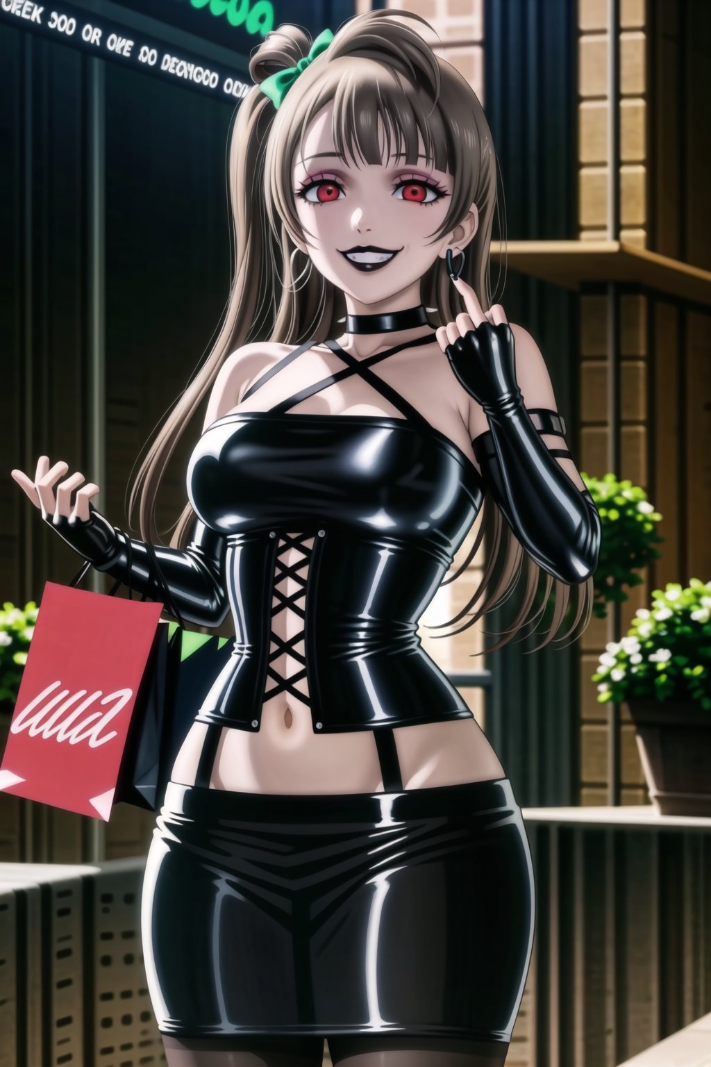 ((best quality)),  ((highly detailed)),  masterpiece,(Black lips:1.4), (white skin:1.4), ((official art)),  detailed face,  beautiful face, (cross-laced clothes:1.3), narrow_waist:1.3, dominatrix:1.4 , (intricate Black dress:1.4), (detailed eyes,  deep eyes),(science fiction, cyberpunk:1.3, street, shopping, pose:1.3, dancing:1.3),((smirk, grin, naughty face, seductive smile, smug)) ,cowboy shot,(lips), minami kotori, long hair,  bangs, hair bow, green bow, (red eyes:1.3),   (spiked bracelet), corset:1.4, (black hoop earring:1.3), curvaceous, voluptuous body, (makeup:1.5) (lips:1.3), (latex:1.3),  (black tube top:1.2), gloves,(elbow gloves:1.2), skirt, black choker, pencil skirt, pantyhose, miniskirt, (black skirt), black gloves, black legwear, black nails,large breasts:1.2, (intricately detailed, hyperdetailed), blurry background, depth of field, best quality, masterpiece, intricate details, tonemapping, sharp focus, hyper detailed, trending on Artstation, 1 girl, solo, high res, official art,RockOfSuccubus,,kotori minami,minami kotori,<lora:659111690174031528:1.0>