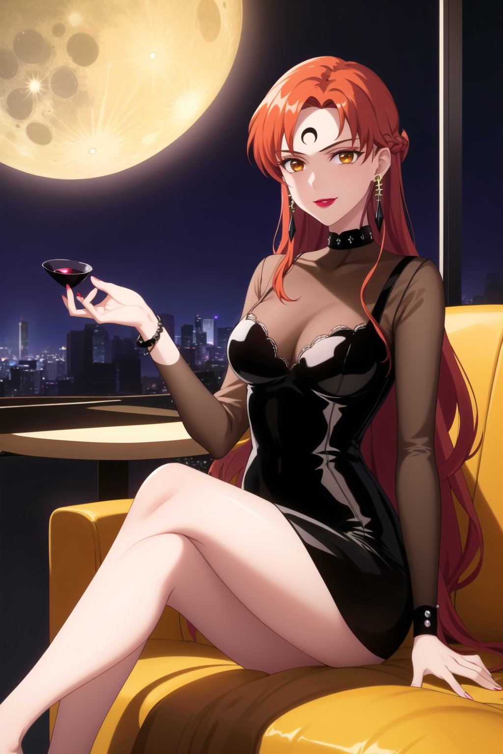 (best quality), (highly detailed), masterpiece, (official art), makeup, ((black moon, forehead mark, crescent facial mark, black crystal earrings)), jewelry, aged up, evil smile, lips, lipstick, asuna yuuki, long hair, orange hair, red hair, brown eyes, looking at viewer,  dress, jewelry, see-through, facial mark, moon,  aged up, forehead mark, crescent facial mark, crystal earrings,  sitting, crossed_legs_(sitting),
Modern luxury lounge with dim lighting, featuring sleek black leather sofas, glass tables, and soft ambient lighting from wall sconces. A large window in the background reveals a city skyline at night, adding a touch of sophistication to the scene,