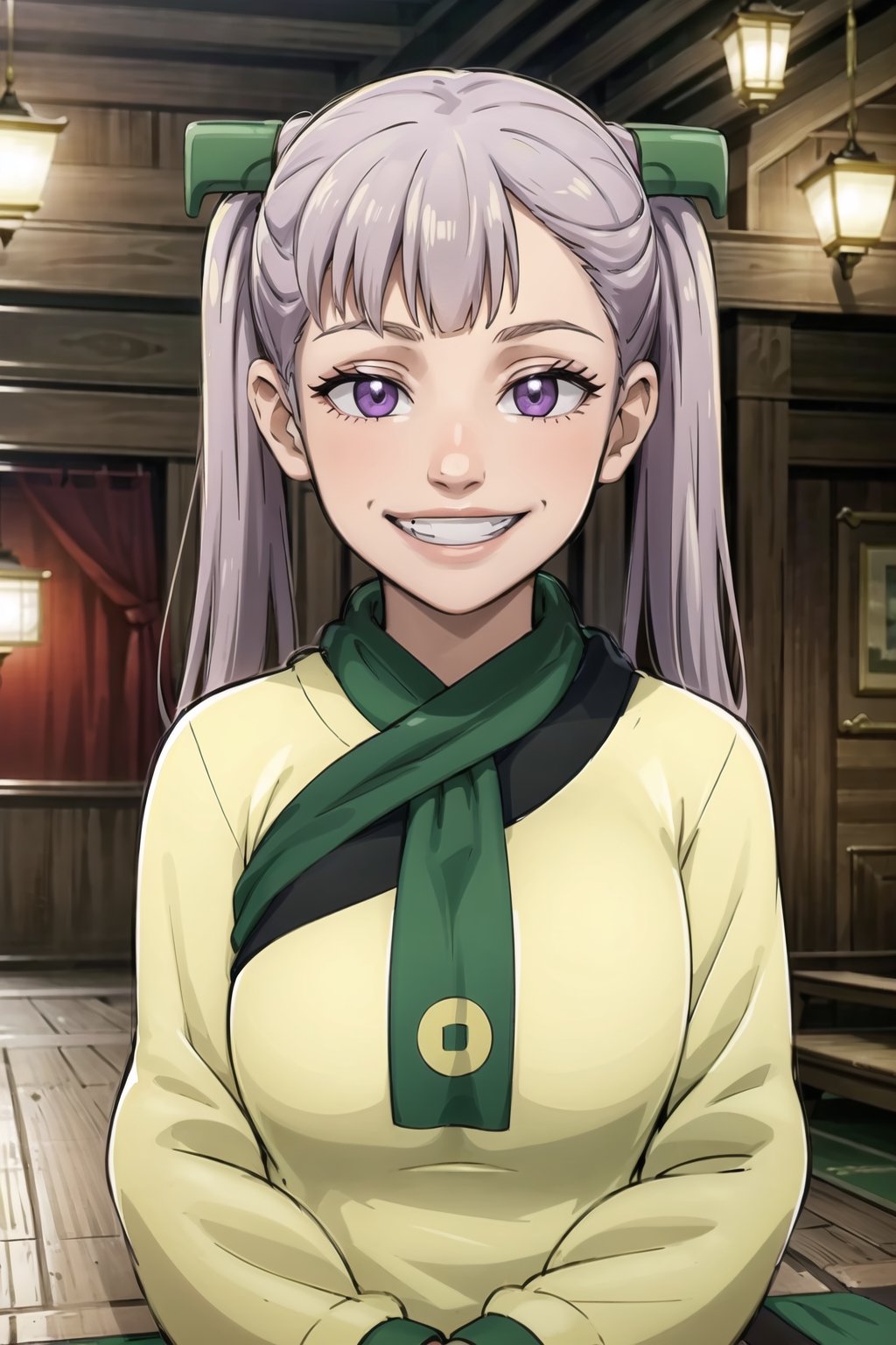 (best quality), (highly detailed), masterpiece, (official art), noelle_silva, long hair, purple eyes, twintails, bangs, silver hair, joo dee, (hair ornament:1.2), grin, lips , arms to sides, blurry background, depth of field, best quality, masterpiece, intricate details, tonemapping, sharp focus, hyper detailed, trending on Artstation, 1 girl, solo, high res, official art,noelle_silva,Detailedface