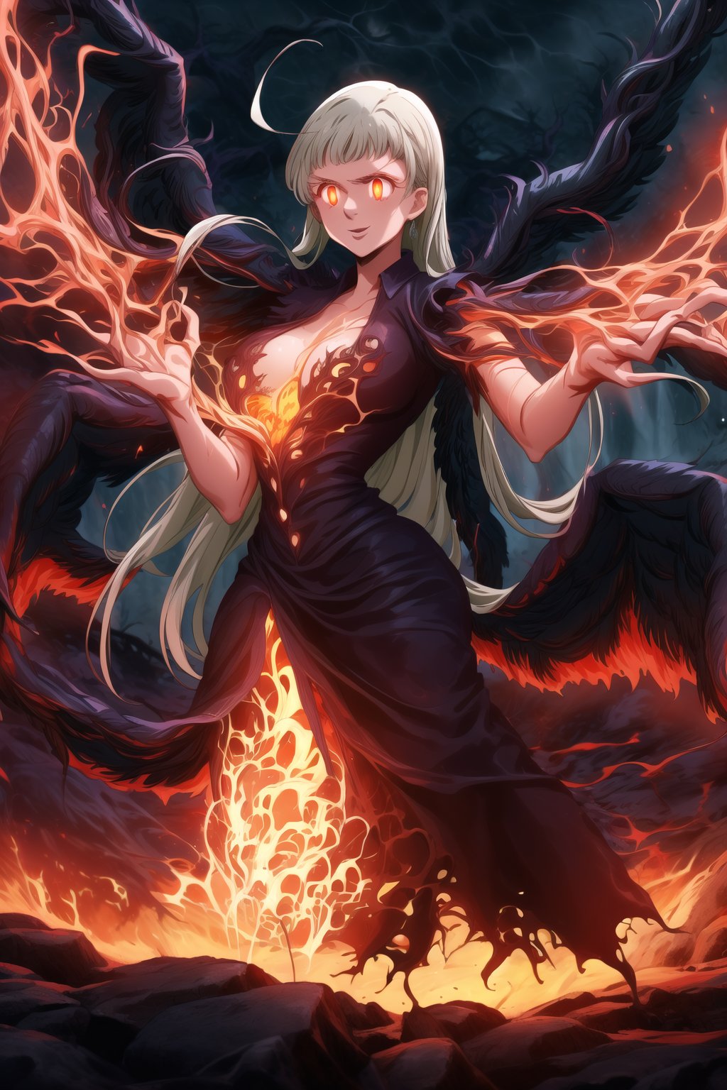 A masterpiece of dark fantasy: elizabeth, malevolent demon, lips curled into an evil smile, long flowing white hair cascading down her back like a fiery waterfall. Her delicate ahoge and intricate black gown billow softly as she floats amidst hell's fiery depths. Black wings spread wide behind her, emitting a darkness-infused light that adds to her ominous presence. Red eyes gleam with malevolent intent as she stands poised, arms outstretched in a violent welcome. Softly glowing fire illuminates her figure, while rays of dark light pierce the heavens above, casting an eerie glow on Rias' demonic form. The hellish landscape before her is bathed in red hues, as if infernal flames are breaking through to create this haunting atmosphere.