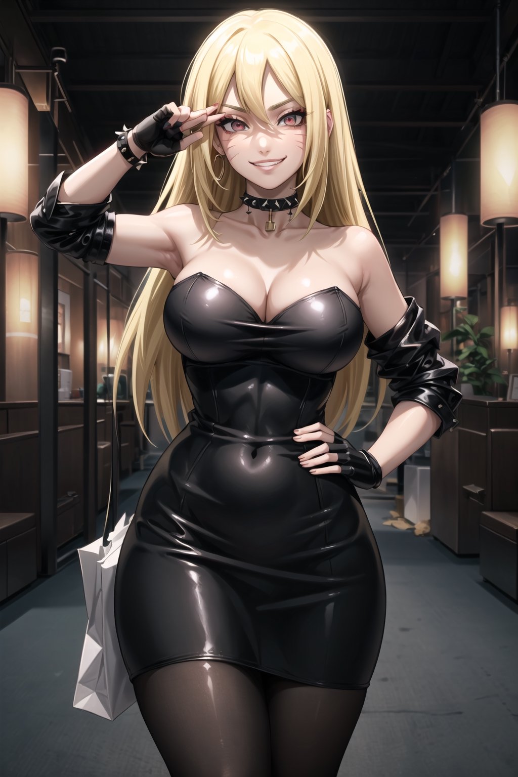 ((best quality)),  ((highly detailed)),  masterpiece,  ((official art)),  detailed face,  beautiful face,  (detailed eyes,  deep eyes),((extended_arm, presenting_gift, shopping_bag, gift_giving, front_view, gesture)),(science fiction, cyberpunk, room, dark background),((smirk, grin, naughty face, seductive smile, smug, arm behind head, hand_on_own_hip, head_tilt)),, ,cowboy shot,(lips), ,boruko, facial mark, long hair, blonde hair,  (red eyes),  cross-laced clothes, (spiked bracelet), necklace, corset, bustier, hoop earring, curvaceous, voluptuous body, navel, (makeup:1.3) (lips:1.3), (latex), (black top), (black tube top:1.2), gloves, fingerless gloves, jacket, skirt, black choker, black leather jacket, (dark jacket), belt, pencil skirt, pantyhose, open jacket, miniskirt, (black skirt), black gloves, black legwear, black choker, medium breast, conspicuous elegance, snobby, upper class elitist, possesses an arroaant charm. her Dresence commands attention and enw, (intricately detailed, hyperdetailed), blurry background, depth of field, best quality, masterpiece, intricate details, tonemapping, sharp focus, hyper detailed, trending on Artstation, 1 girl, solo, high res, official art