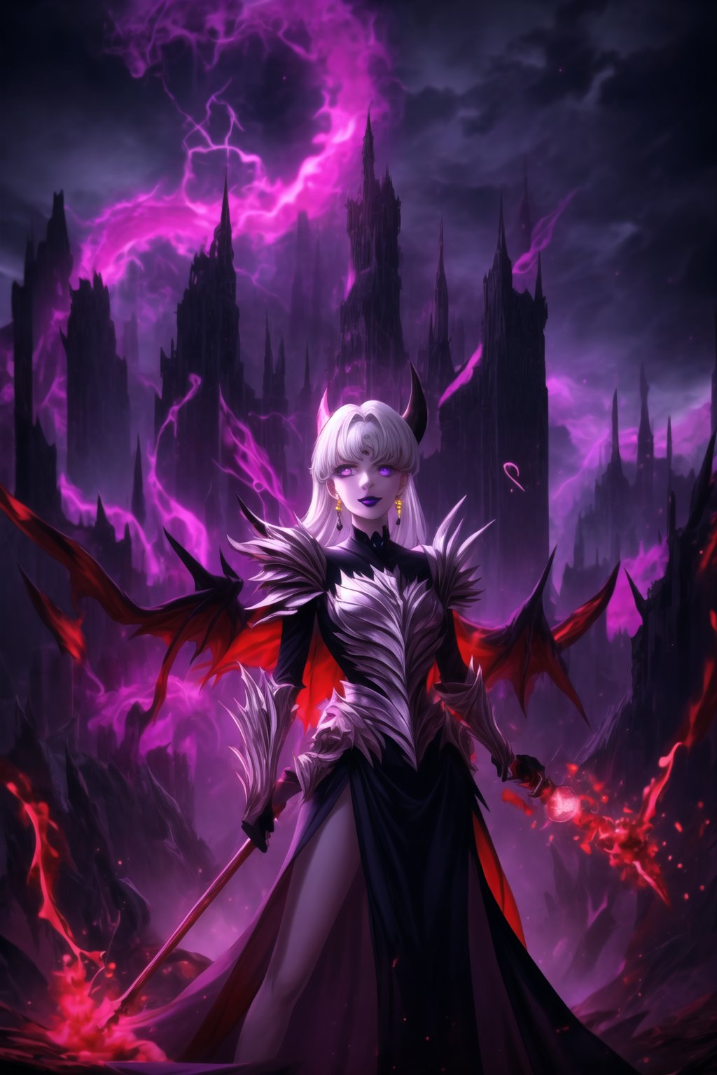 ((lips,purple lips,lipstick,makeup)), ((crescent face mark, Crystal black earrings)),closed mouth,smile, elizabeth, long white hair,blunt bangs ,lips, ruler of hell, stands as a malevolent dictator, gradient from white to dark, framing her cold gaze. Her elaborate gown, adorned with sinister symbols and glowing red accents, reflects her dominance and cruelty. The background features a hellish landscape: rivers of lava, jagged rocks, tormented souls, and dark clouds with lightning. Eerie, red and black glows illuminate the scene, capturing the dark and oppressive atmosphere of her dominion. Armor, black wings, mace, holding mace, demon horn,GFX