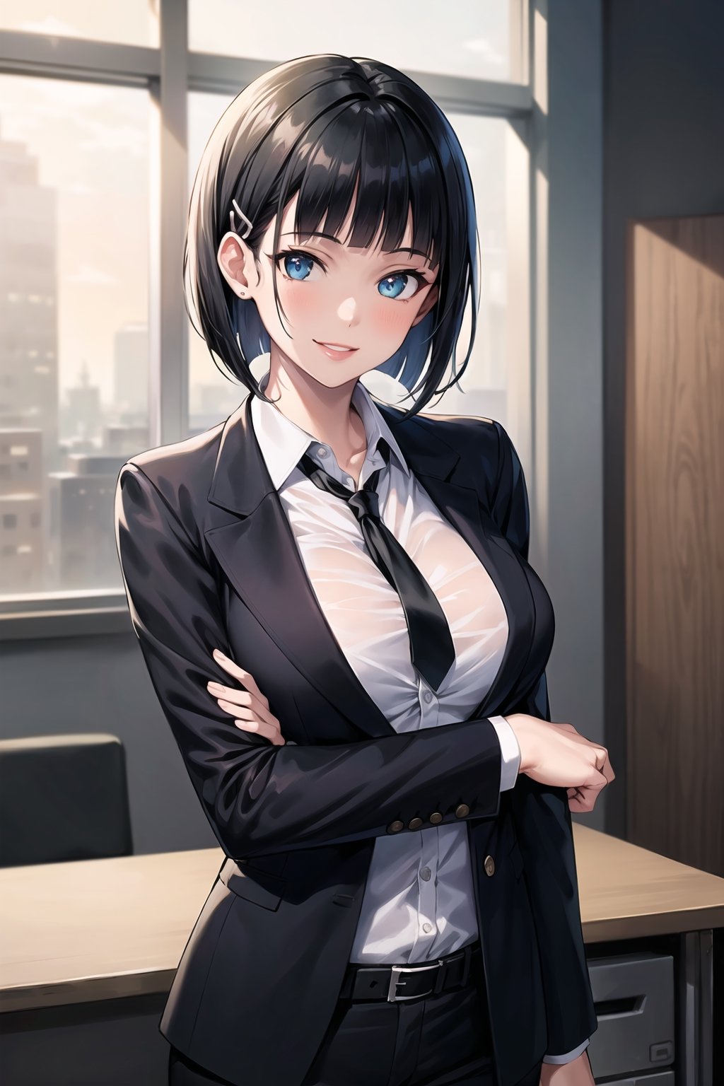 (best quality), (highly detailed), masterpiece, (official art), suguha, short hair, black hair, bob cut, hairclip, hair ornament, blunt bangs, lips, smile, necktie,pose,  black jacket,(black suit), open suit,  open jacket,long sleeves, shirt tucked in,looking at viewer, shirt, black necktie, white shirt, medium breasts,window, formal, office lady,pants, black pants, black belt, business suit, suit,  (intricately detailed, hyperdetailed), blurry background,depth of field, best quality, masterpiece, intricate details, tonemapping, sharp focus, hyper detailed, trending on Artstation,1 girl, solo,high res,official art