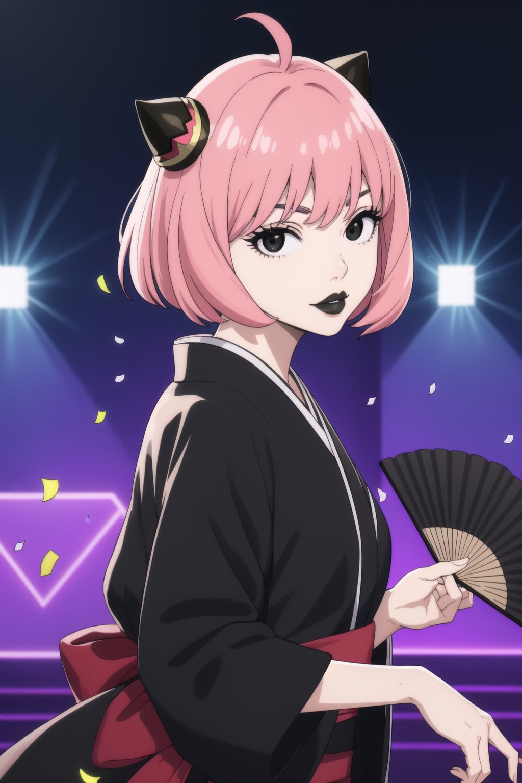 (best quality), (highly detailed), masterpiece, (official art),  ,anya forger:1.3,ahoge, hair ornament,( anya, hair ornament, pink hair, short hair), lips:1.2, black lips:1.4, makeup:1.2, lipstick:1.2,  makeup, black eyes:1.2,black kimono,obi, dance,hand fan,white confetti,, looking at viewer, (/nightclub scene, neon lights)), , club, (nigth club), ,hd quality, perfect face ,realistic, realistic body , perfect face sync,night club,StandingAtAttention,marinette,night club,b1mb0, dancing:1.2,