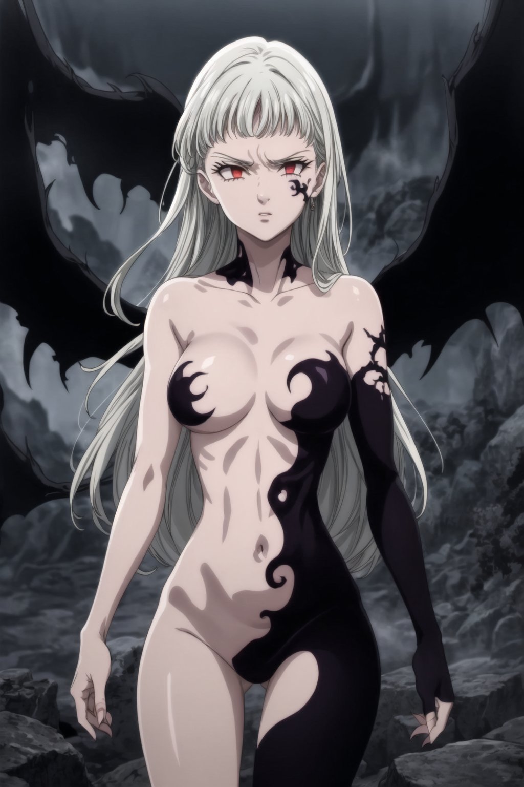 monochrome,greyscale,(tattoo,facial mark,aura,glowing,bodypaint,smoke,dark aura:1.2),1girl,long hair,medium breasts,black hair,angry,purple eyes,wings,claws,looking at viewer,nude,censored,armor,convenient censoring,Elizabeth, black hair, lips, ruler of hell, stands as a malevolent dictator, her long hair flowing like darkness itself, gradient from white to dark, framing her cold gaze. Her elaborate gown, adorned with sinister symbols and glowing red accents, reflects her dominance and cruelty. The background features a hellish landscape: rivers of lava, jagged rocks, tormented souls, and dark clouds with lightning. Eerie, red and black glows illuminate the scene, capturing the dark and oppressive atmosphere of her dominion.