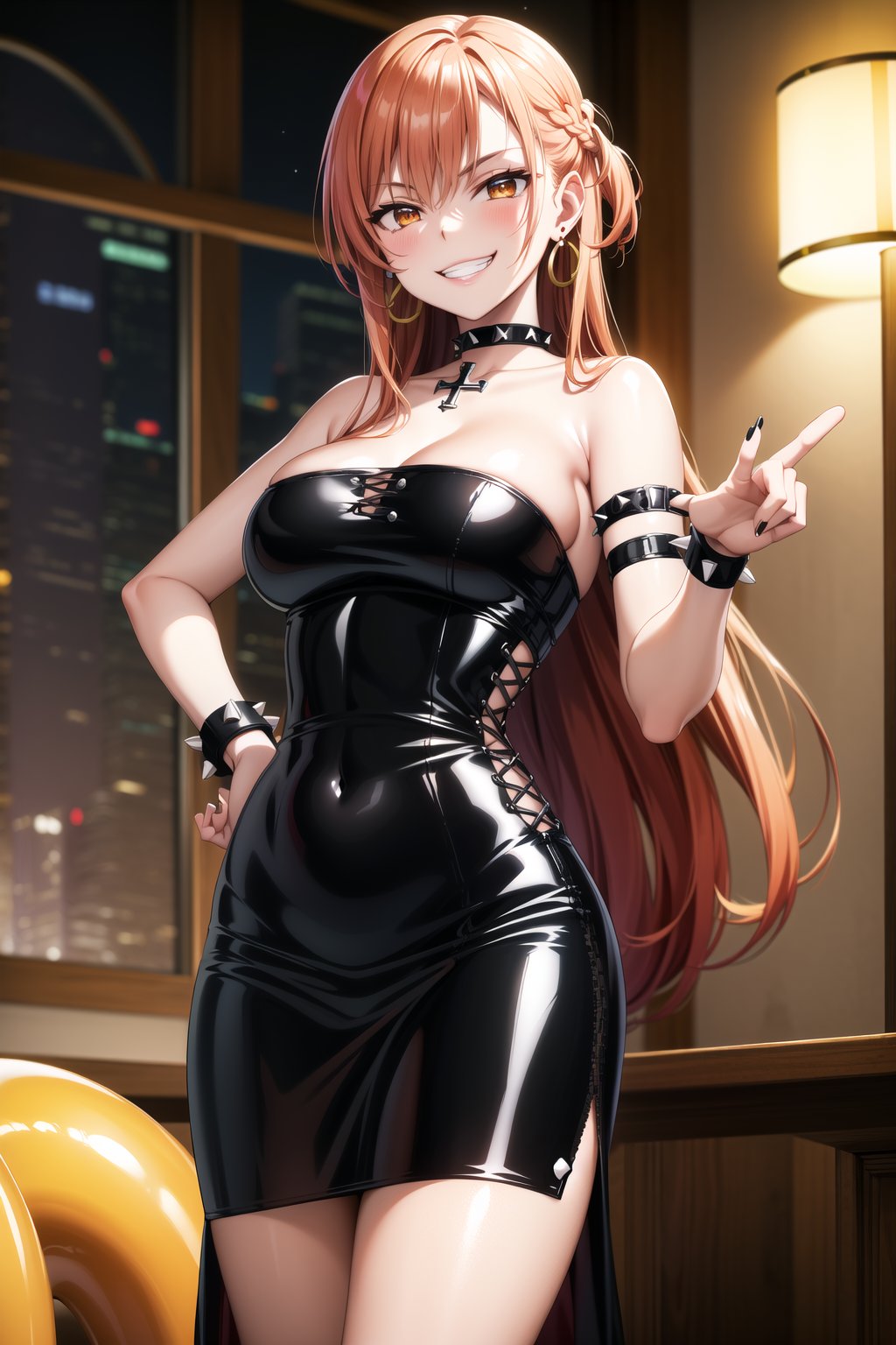 masterpiece,best quality,highres,ultra-detailed, asuna yuuki, long hair, orange hair, red hair, brown eyes,lips:1.2, (cross-laced clothes:1.3), narrow_waist:1.3, dominatrix:1.4 , (intricate Black dress:1.4), (pose:1.3), ,((smirk, grin, naughty face, seductive smile, smug)), (spiked bracelet), corset:1.4, (black hoop earring:1.3), curvaceous, voluptuous body, (latex:1.5), (black tube top:1.2), black choker, pencil skirt,  miniskirt, (black skirt),  black nails,large breasts:1.3,, (royal room:1.2),standing, StandingAtAttention,b1mb0,night club,lemon0021,,,RockOfSuccubus,asuna yuuki