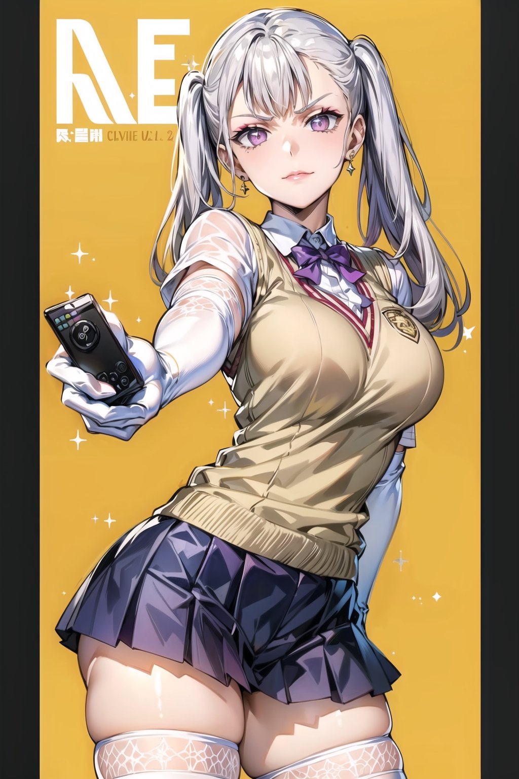 ((best quality)),  ((highly detailed)),  masterpiece,1girl, noelle_silva, silver hair,purple eyes, twintails, bangs, earrings, jewelry, ((remote_control, aiming_at_viewer, closed_mouth, sparkling_eyes, smug, shaded_face)),(large breasts), tokiwadai school uniform, sweater vest, short sleeves, (](white gloves, elbow gloves)), pleated skirt, white thighhighs ,1girl, lips:1.2, makeup:1.2, ((gyaru)) , looking at viewer, standing, cowboy shot, school, 