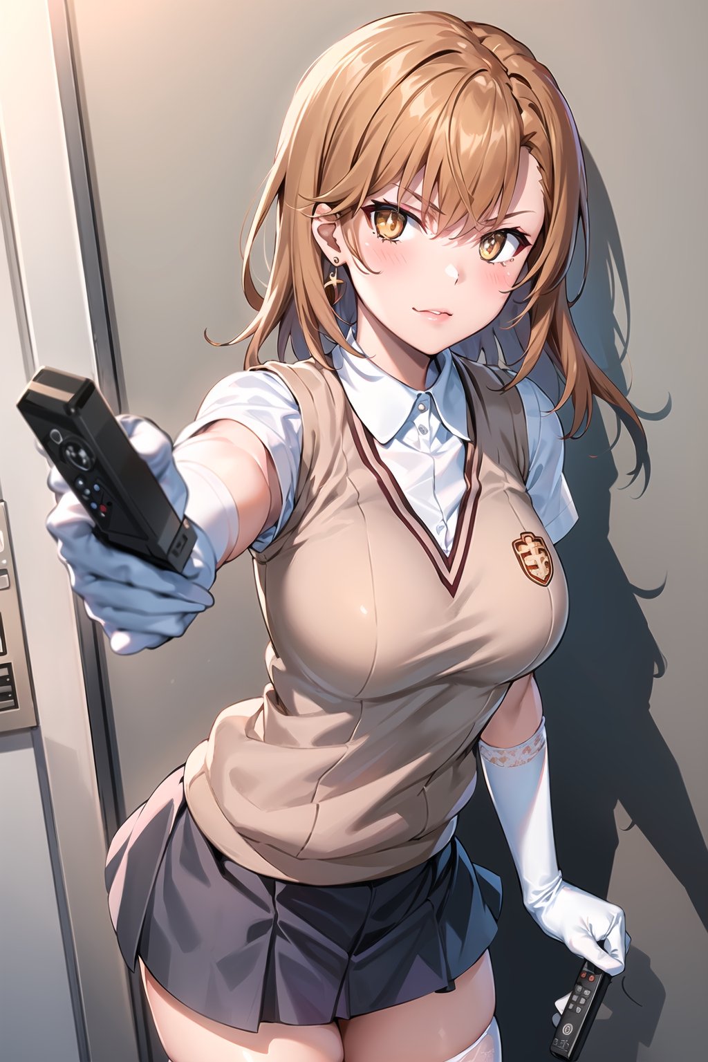 ((best quality)),  ((highly detailed)),  masterpiece,1girl, ((remote_control, aiming_at_viewer, closed_mouth, sparkling_eyes, smug, shaded_face)),(large breasts), tokiwadai school uniform, sweater vest, short sleeves, (](white gloves, elbow gloves)), pleated skirt, white thighhighs ,1girl, lips:1.2, makeup:1.2, ((gyaru)) ,jewelry, blush, earrings, looking at viewer, standing, cowboy shot, red hair, school, short hair, aamikoto ,hmmisaki,hypnoCollar,V-shaped eyebrows, 1girl