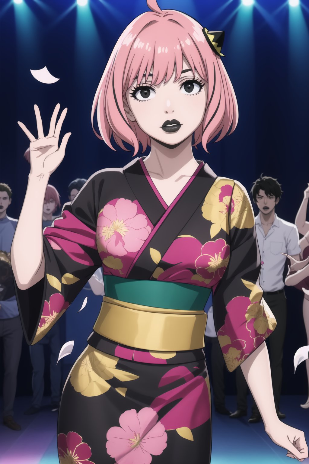 (best quality), (highly detailed), masterpiece, (official art),  ,anya forger:1.3,ahoge, hair ornament,( anya, hair ornament, pink hair, short hair), lips:1.2, black lips:1.4, makeup:1.2, lipstick:1.2,  makeup, black eyes:1.2,black kimono,obi, dance,hand fan,white confetti,, looking at viewer, (/nightclub scene, neon lights)), , club, (nigth club), ,hd quality, perfect face ,realistic, realistic body , perfect face sync,night club,StandingAtAttention,marinette,night club,b1mb0, dancing:1.2,