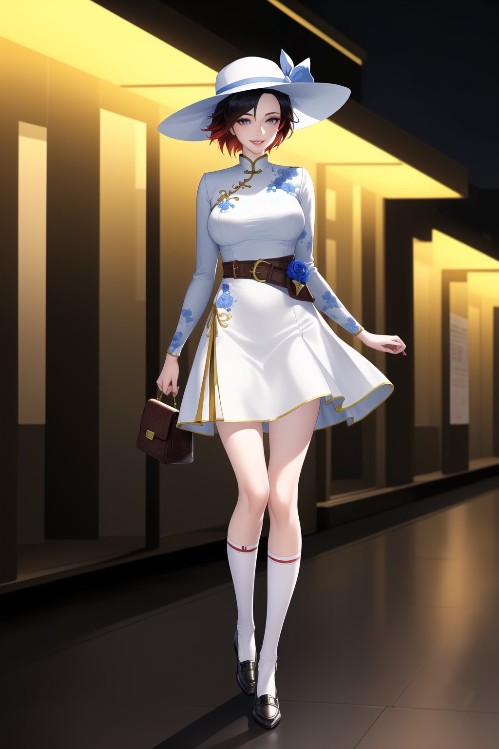(best quality), (highly detailed), masterpiece, (official art), ,(ruby rose:1.2), lips, lips, (( hat,sun hat, dress,  blue ribbon, hat ribbon, bag, belt, white dress, white headwear, ribbon, handbag, long sleeves, shoes, socks, standing, white legwear, holding,  smile, holding bag, long skirt, v arms)), looking at viewer, china, asiática, city, night, sky,  (intricately detailed, hyperdetailed), blurry background,depth of field, best quality, masterpiece, intricate details, tonemapping, sharp focus, hyper detailed, trending on Artstation,1 girl, high res, official art,StandingAtAttention,bestiality