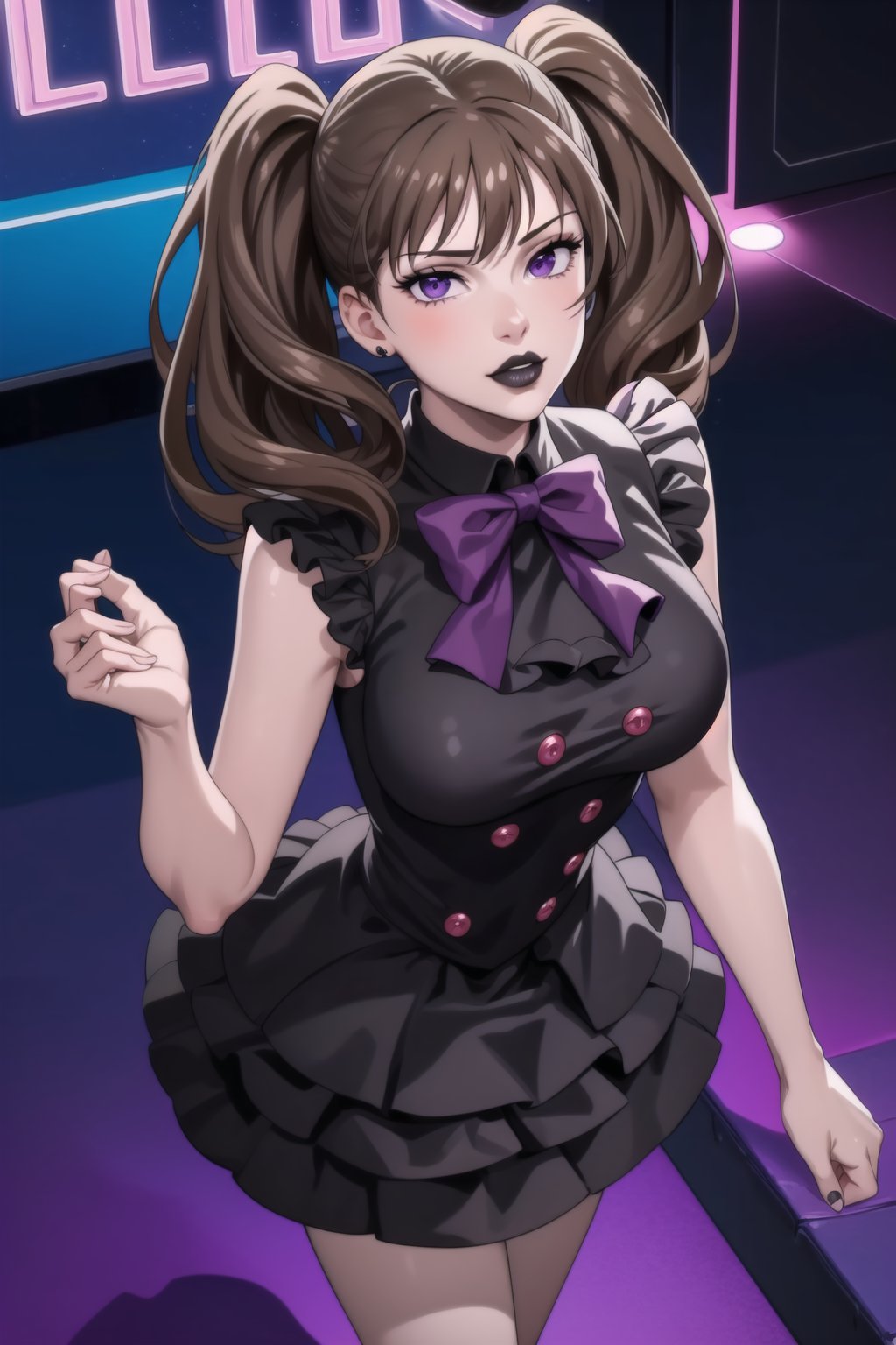 (best quality), (highly detailed), masterpiece, (official art),  diane,twintails, brown hair ,purple eyes, solo,  lips:1.2, black lips:1.4, lipstick:1.2, beautiful 1girl wearing a earthy red (idol dress) ,layered skirt, frills, ribbon, bow, sequins, looking at viewer, (/nightclub scene, neon lights), , club, (nigth club), ,hd quality, perfect face ,realistic, realistic body , perfect face sync,night club,StandingAtAttention,marinette,night club,b1mb0,