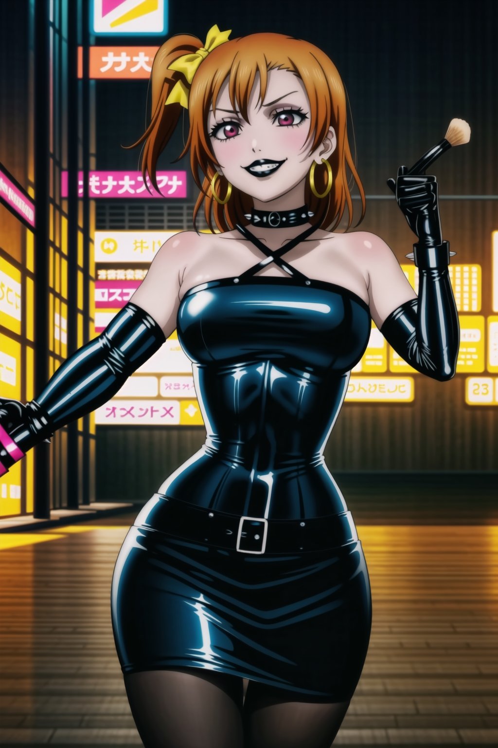 ((best quality)),  ((highly detailed)),  masterpiece,(Black lips:1.4), (white skin:1.4), ((official art)),  detailed face,  beautiful face, (cross-laced clothes:1.3), narrow_waist:1.3, dominatrix:1.4 , (intricate Black dress:1.4), (detailed eyes,  deep eyes),(science fiction, cyberpunk:1.3, street, shopping, pose:1.3, dancing:1.3),((smirk, grin, naughty face, seductive smile, smug)) ,cowboy shot,(lips), kousaka honoka, yellow hair bow, one side up, orange hair,  medium hair, (red eyes:1.3),   (spiked bracelet), corset:1.4, (black hoop earring:1.3), curvaceous, voluptuous body, (makeup:1.5) (lips:1.3), (latex:1.3),  (black tube top:1.2), gloves,elbow gloves, skirt, black choker, pencil skirt, pantyhose, miniskirt, (black skirt), black gloves, black legwear, black nails,large breasts:1.2, (intricately detailed, hyperdetailed), blurry background, depth of field, best quality, masterpiece, intricate details, tonemapping, sharp focus, hyper detailed, trending on Artstation, 1 girl, solo, high res, official art,RockOfSuccubus,kousaka honoka,honoka kousaka,,<lora:659111690174031528:1.0>