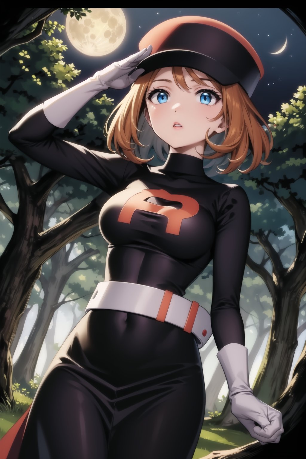 A masterpiece of ((highly detailed)) official art depicts Serena from Grunt Team Rocket standing solo amidst the mystical ambiance of a moonlit forest. Her orange hair cascades down her back, framed by a cabbie hat and bangs, while blue eyes gleam in the darkness. She wears a black dress with long sleeves, elbow gloves, and a grey belt, her expressionless face parted lips slightly open. The surrounding trees tower above, their branches like outstretched arms, as Serena stands at attention, her posture a salute to the mysterious night.