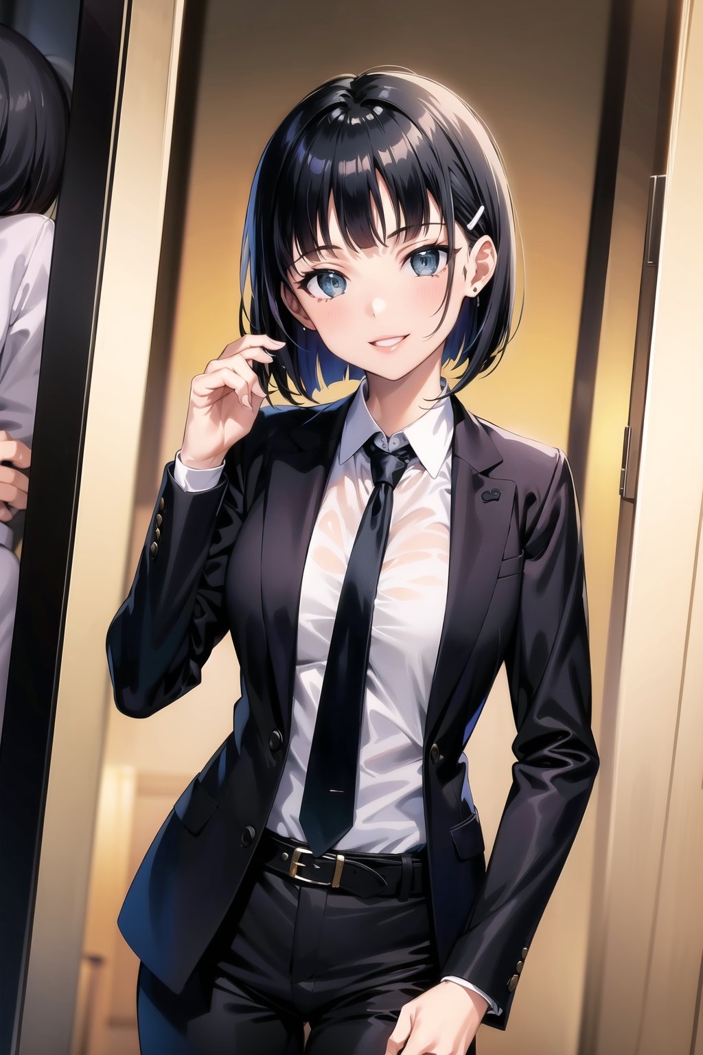 (best quality), (highly detailed), masterpiece, (official art), suguha, short hair, black hair, bob cut, hairclip, hair ornament, blunt bangs, lips, smile, necktie,pose,  black jacket,(black suit), open suit,  open jacket,long sleeves, shirt tucked in,looking at viewer, shirt, black necktie, white shirt, medium breasts,window, formal, office lady,pants, black pants, black belt, business suit, suit,  (intricately detailed, hyperdetailed), blurry background,depth of field, best quality, masterpiece, intricate details, tonemapping, sharp focus, hyper detailed, trending on Artstation,1 girl, solo,high res,official art