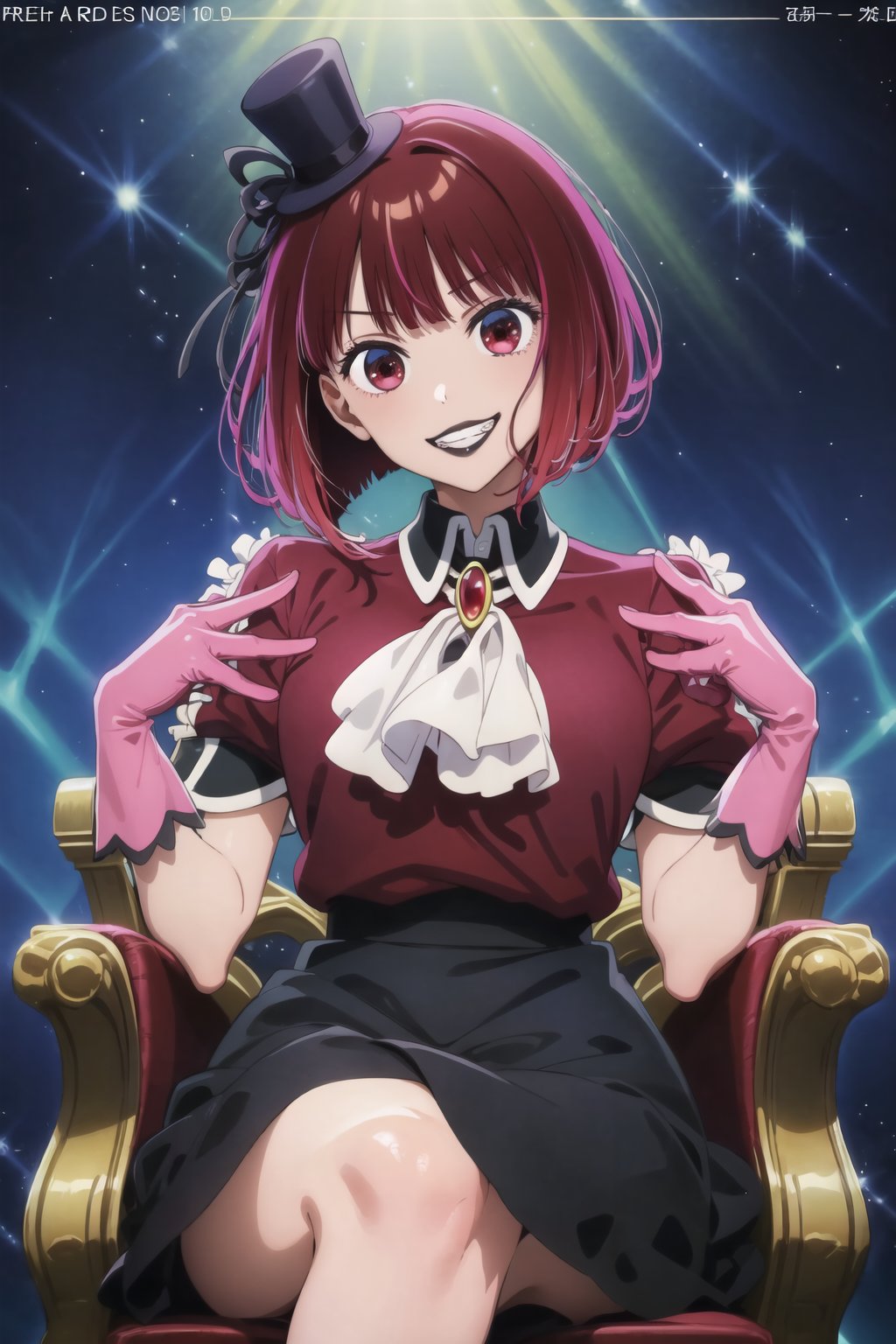 (best quality), (highly detailed), masterpiece, (official art),  lips:1.2, black lips:1.4, lipstick:1.2, aakana, short hair, mini hat, head tilt, red eyes, jewelry, brooch, white ascot, frills, red shirt, short sleeves, pink gloves, black skirt, , throne, sitting, crossed legs, smirk, grin