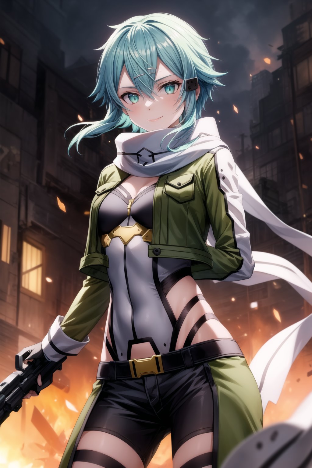 Highly detailed anime illustration of Sinon, standing confidently and looking directly at the viewer with a sly smile. Her short, blue hair, accented with a hair ornament and strands falling between her sharp, focused aqua eyes, adds to her striking appearance. Sinon’s outfit consists of a green cropped jacket, open at the front to reveal a white scarf fluttering slightly in the wind, paired with black fingerless gloves and short black shorts that complement her tactical look.

She holds a sleek sniper rifle with both hands, the weapon resting effortlessly against her body, ready for action. Her open jacket reveals just a hint of her toned midsection, adding a subtle contrast to the otherwise practical, combat-ready ensemble. The scene is set outdoors, with shadows emphasizing the tension in the air, her smile reflecting a calm yet intense readiness for whatever comes next.