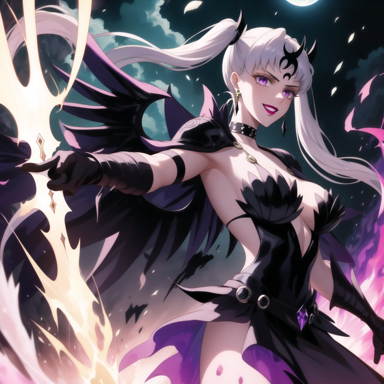 Here is a high-quality prompt for generating an image based on your input:

Noelle_Silva's Official Art Masterpiece: 'Dark Thunder' - Aged-up silver-haired heroine twintails and bangs flowing in darkness, purple eyes gleaming with malevolence. Confident pose, bold lipstick lips curved into wicked grin as she summons dark electricity to strike her enemy. Retro-inspired armor, gloves, and jewelry adorn her powerful physique, featuring black crystal earrings and choker. A crescent-shaped mark glows ominously on her forehead. In the background, a subtle black moon casts an eerie shadow. Noelle_Silva's Dark Thunder stands tall, holding a Dark Sword while charging energy attack, as dark wings spread wide.