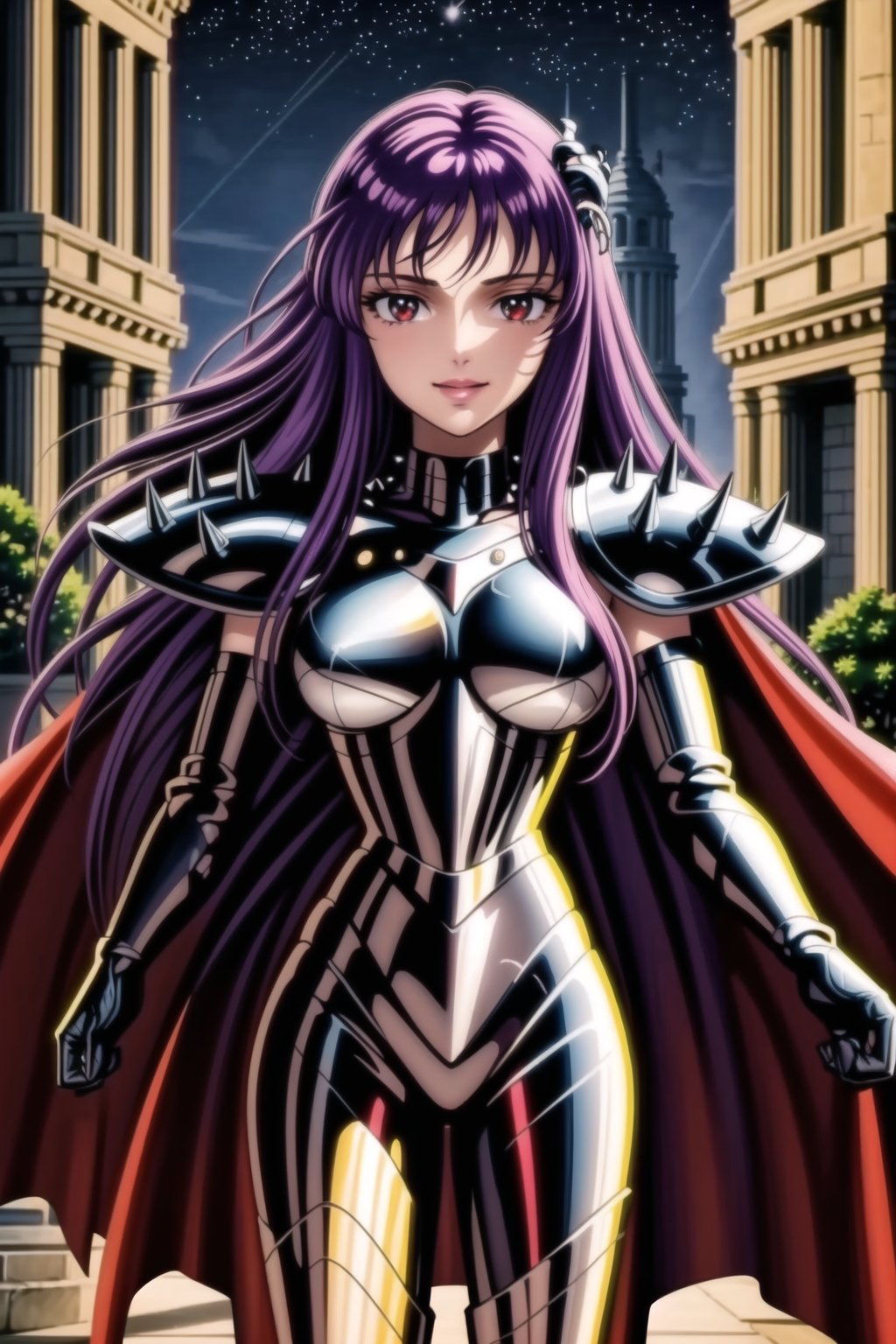 (best quality), (highly detailed), masterpiece, (official art), Saori, long hair, ((purple hair)), ((red eyes)), lips, (( evil smile)),((( black cape, nigth))),  ((latex, black armor, bodysuit, shoulder armor, spikes, pauldrons, black bodysuit )), outdoors, temple, (intricately detailed, hyperdetailed), blurry background,depth of field, best quality, masterpiece, intricate details, tonemapping, sharp focus, hyper detailed, trending on Artstation,1 girl, solo,high res,official art,<lora:659111690174031528:1.0>