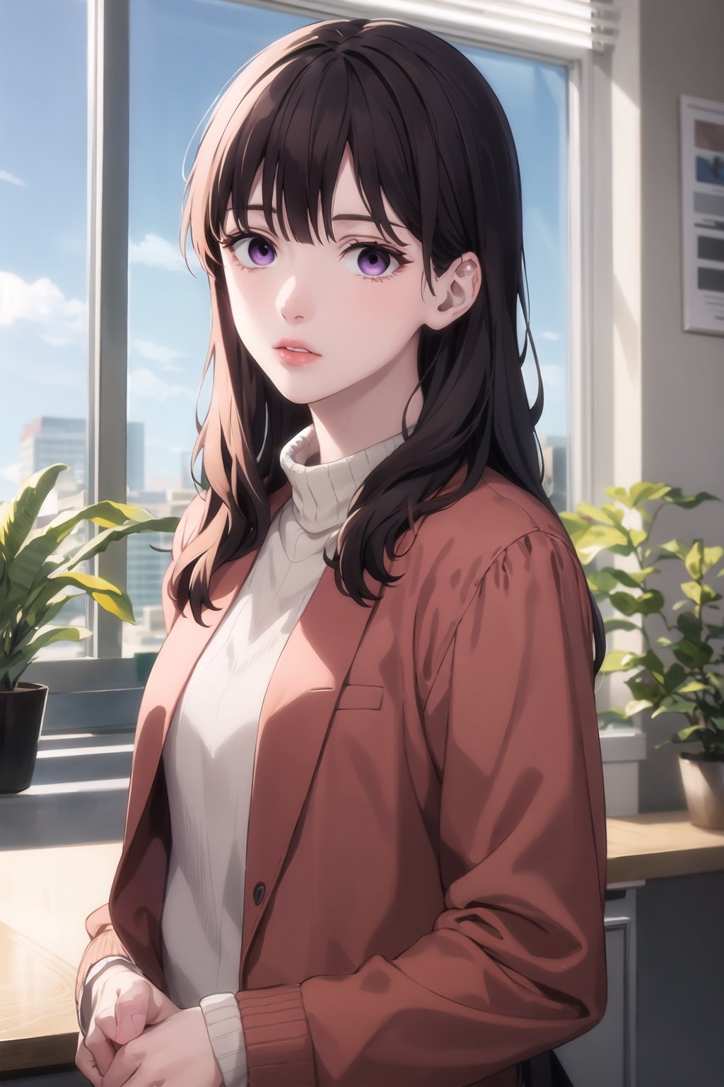 ((best quality)), ((highly detailed)), masterpiece, ((official art)), yuki itose, long hair, bangs, ((brown hair, black hair)), (purple eyes:1.1), blunt bangs, (wavy hair),
BREAK ,((empty eyes, expressionless, parted lips)),
BREAK jacket, sweater, lips, red shirt,
BREAK indoors,
BREAK looking at viewer,  (office:1.3), (window, indoors, plant), (lips:),, solo, (cowboy shot:1.2), standing, , intricately detailed, hyperdetailed, blurry background, depth of field, best quality, masterpiece, intricate details, tonemapping, sharp focus, hyper detailed, trending on Artstation, 1 girl, high res, official art,