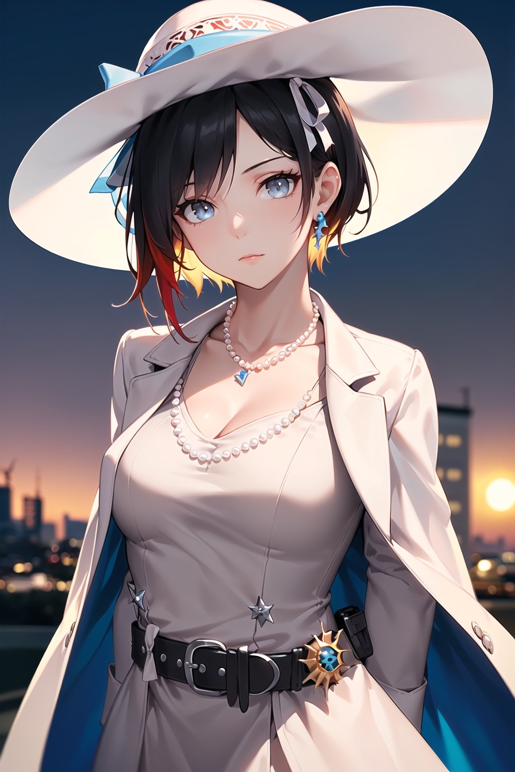 (best quality), (highly detailed), masterpiece, (official art), ,(ruby rose:1.2), lips:1.2, lips, blue earrings:1.3 ((long sleeves, hat, dress, ribbon, closed mouth, collarbone, jacket,  belt, white dress,  white headwear, hat ribbon, blue ribbon, blue jacket:1.2, pearl necklace, cropped jacket, sun hat, v arms:1.3)), looking at viewer, china, asiática, city, night, sky,  (intricately detailed, hyperdetailed), blurry background,depth of field, best quality, masterpiece, intricate details, tonemapping, sharp focus, hyper detailed, trending on Artstation,1 girl, high res, official art,StandingAtAttention,bestiality
