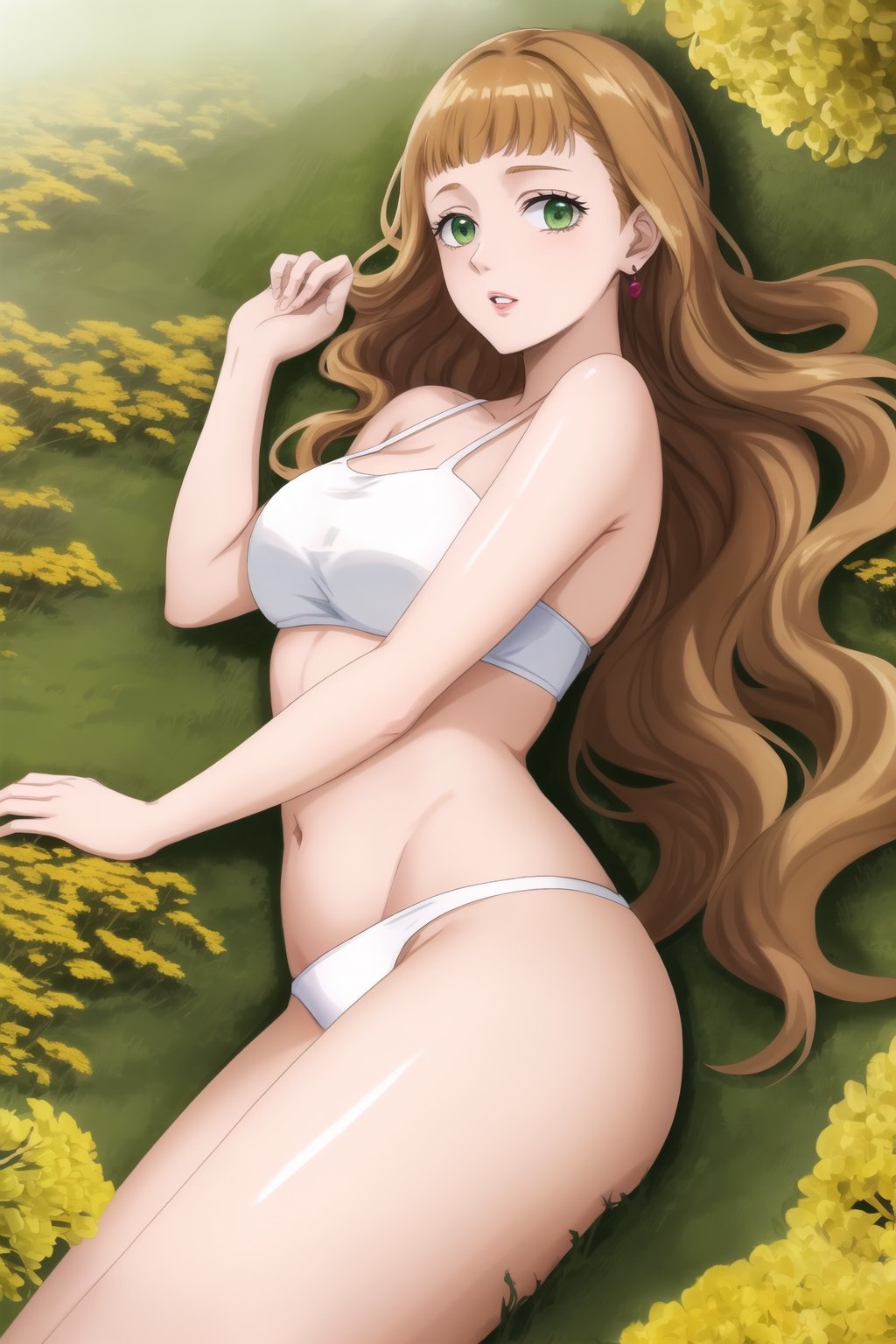 masterpiece, best quality, highres,Sexy, Mimosa Vermillion, dreamy green eyes, earrings, with astounding soft skin and soft pale body, body covered in mimosas flowers, (long brown wavy hair flowing around her until mid-thigs:1.05), sensual look, looking at you, lips, lying on a field of mimosas, fulll body, frontal view, strange fashion Women'sday_theme (Professional illustration)