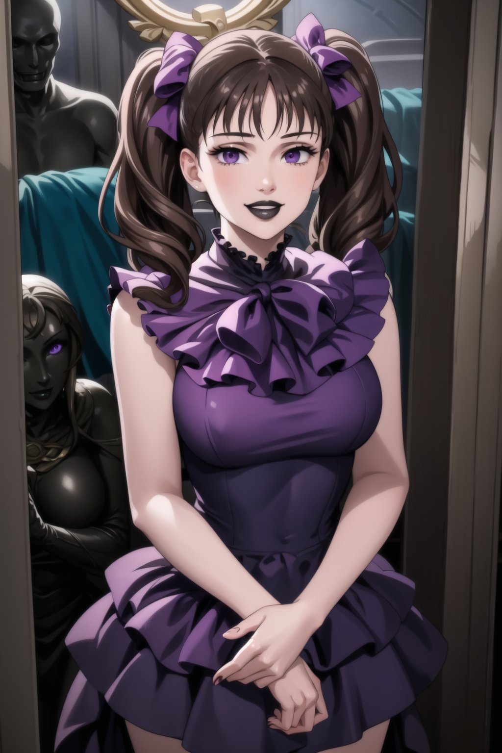 (best quality), (highly detailed), masterpiece, (official art),  diane,twintails, brown hair ,purple eyes, solo, smile, lips:1.2, black lips:1.4, lipstick:1.2, beautiful 1girl wearing a earthy black (idol dress:1.3), gothic idol ,layered skirt, frills, ribbon, bow, sequins, looking at viewer, (state, state ligth, neon lights), ,,hd quality, perfect face ,realistic, realistic body , perfect face sync, StandingAtAttention,,b1mb0,