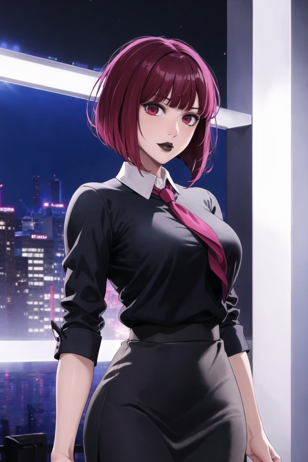 (best quality), (highly detailed), masterpiece, (official art), aakana, short hair,  red eyes, , solo,  lips:1.2, black lips:1.4, lipstick:1.2, skirt, black neckktie, latex:1.2, pencil_skirt, shirt, standing, looking at viewer, white shirt, breasts, black skirt, looking at viewer, (/nightclub scene, neon lights), , club, (nigth club), ,hd quality, perfect face ,realistic, realistic body , perfect face sync,night club,StandingAtAttention,marinette,night club,b1mb0, 